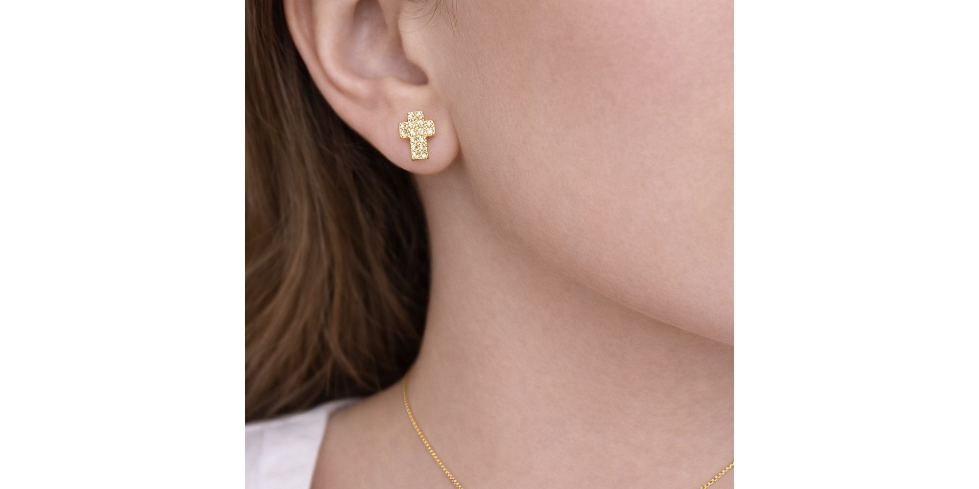 Conjunto Mini Cruz Strass Banhado A Ouro 18K