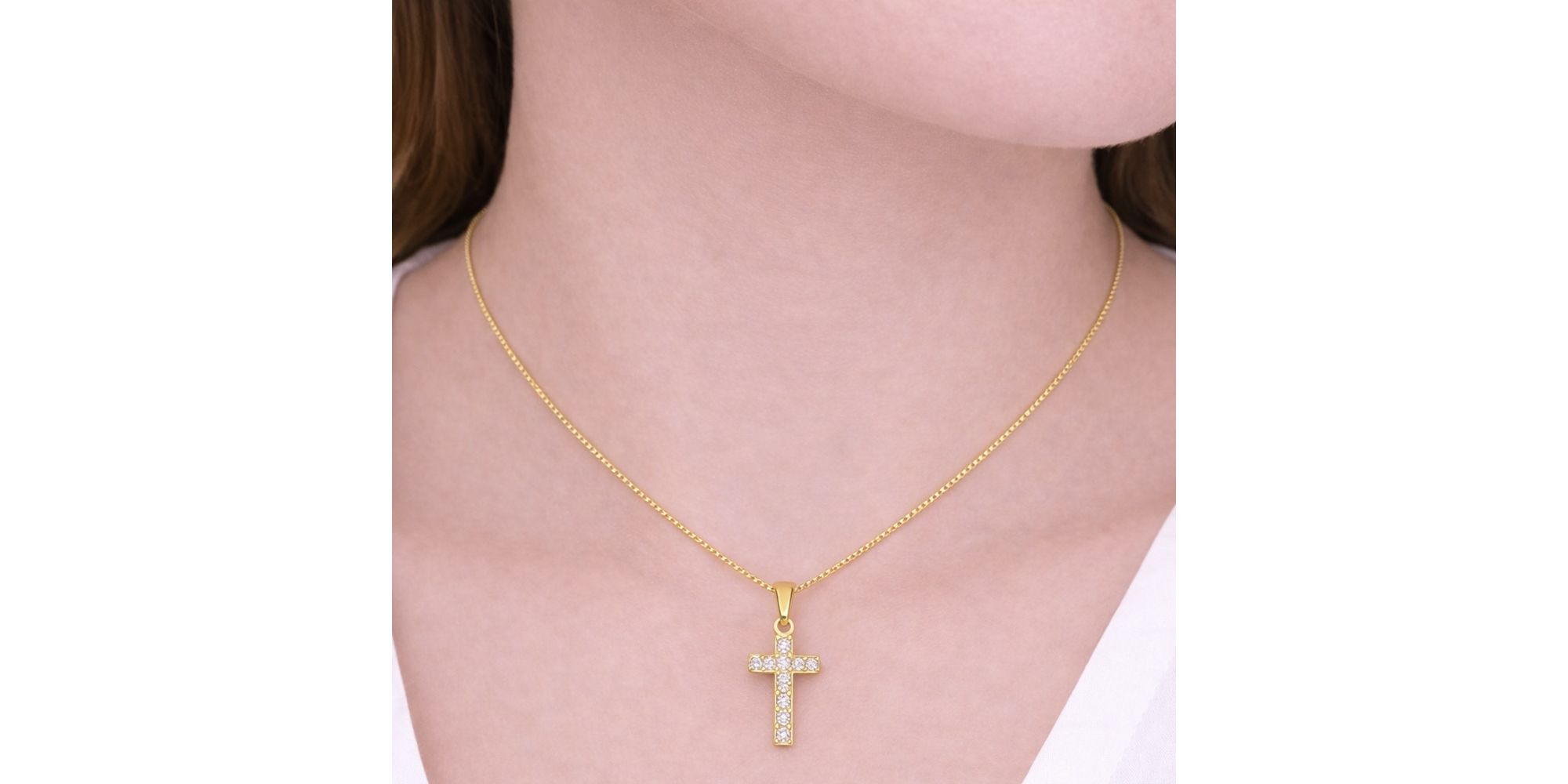 Conjunto Cruz Strass Banhado a Ouro 18K