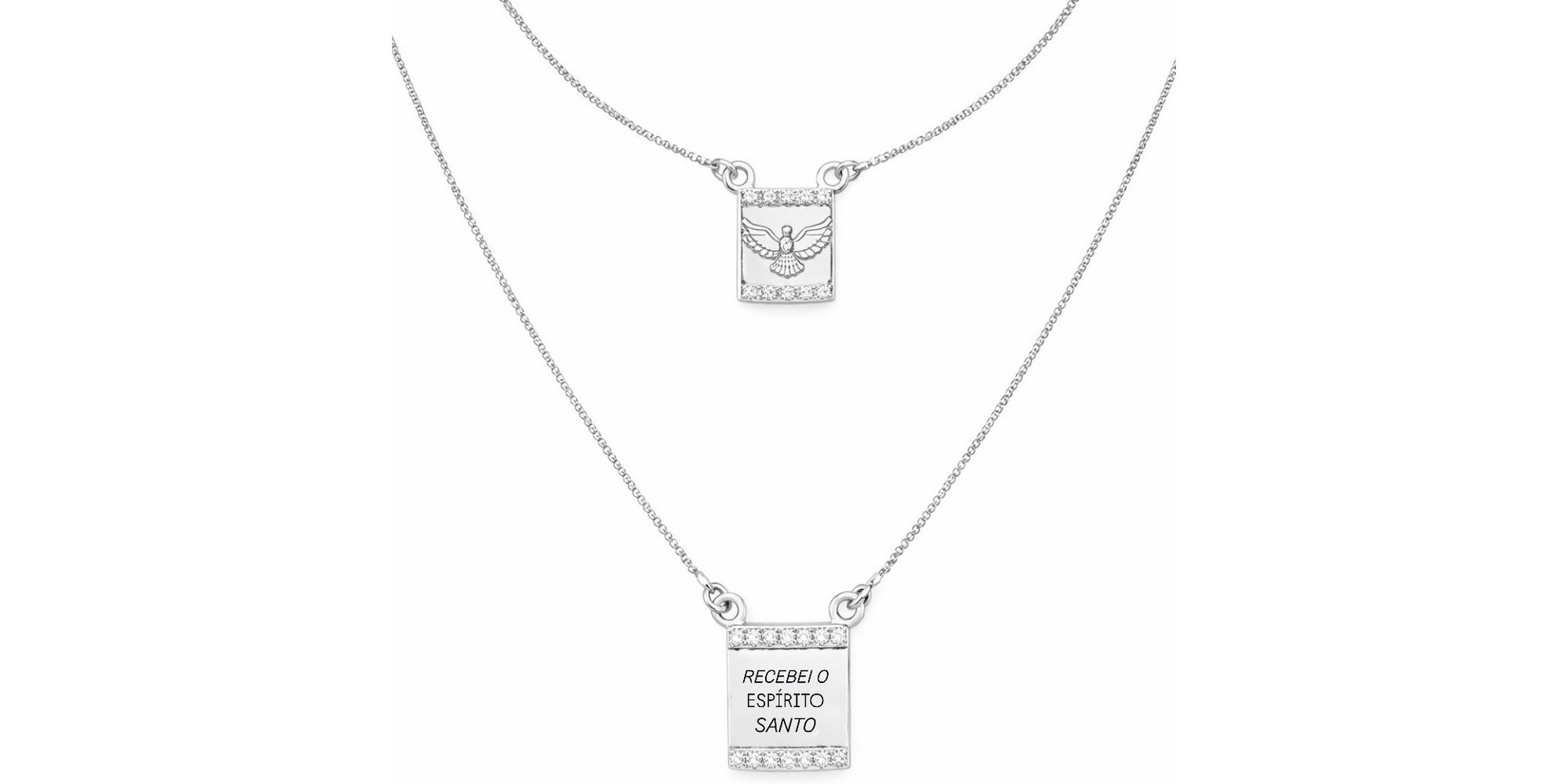 Colar Escapulário Espírito Santo Cravejado Banhado a Prata 925