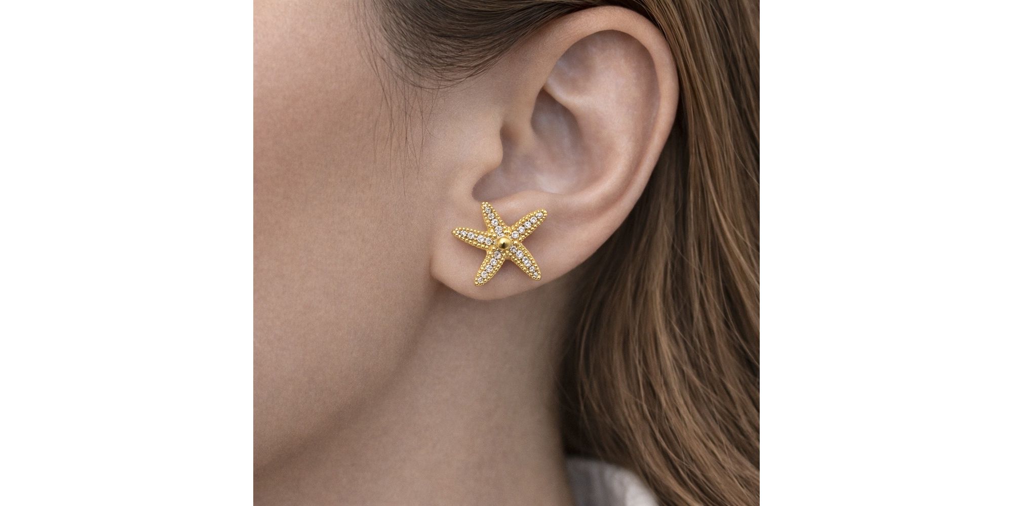 Brinco Estrela do Mar Cravejado Hipoalergênico Banhado a Ouro 18K