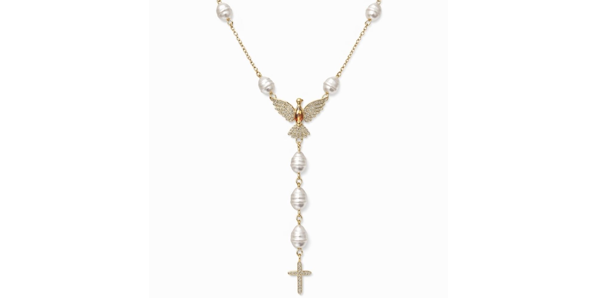 Colar Terço Espírito Santo Pérola Cravejado Hipoalergênico Banhado a Ouro 18K