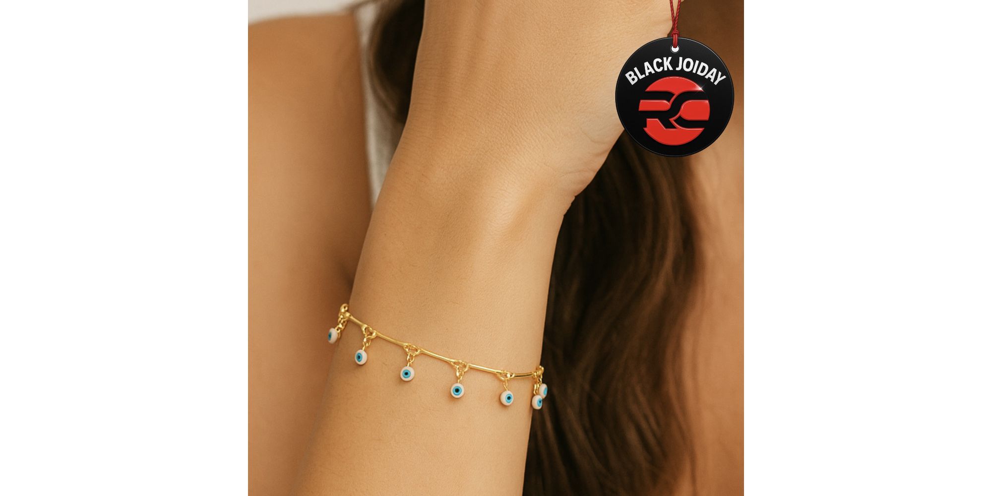 Pulseira Olho Grego Redondo Azul Claro Pendurado Palito Banhado a Ouro 18K