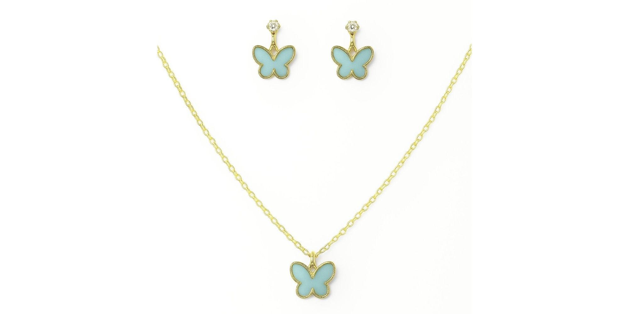 Conjunto Infantil Borboleta Verde Água Banhado A Ouro 18K