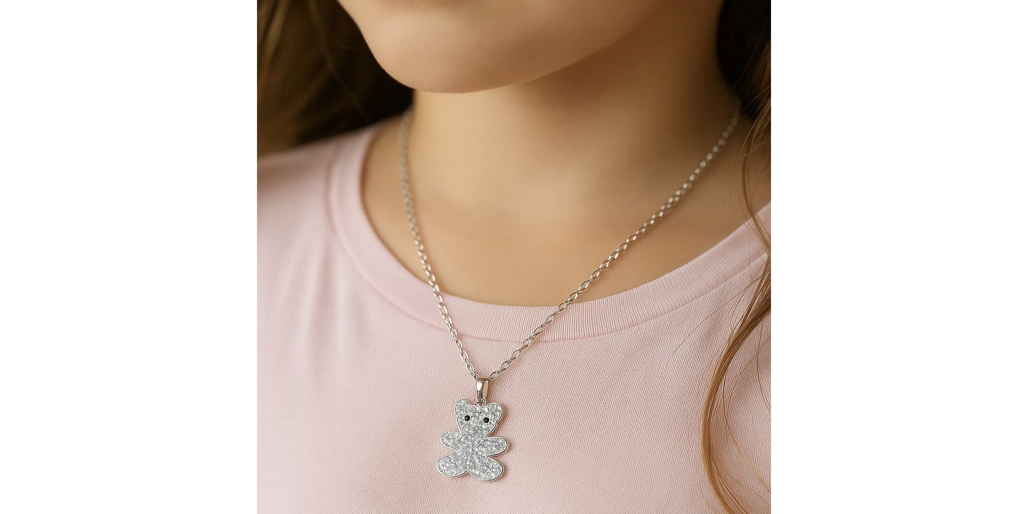 Colar Infantil Urso Cristal Cravejado Banhado a Prata 925