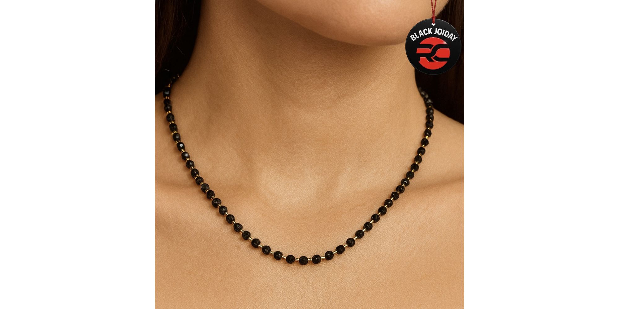 Colar Contas Preto Banhado A Ouro 18K