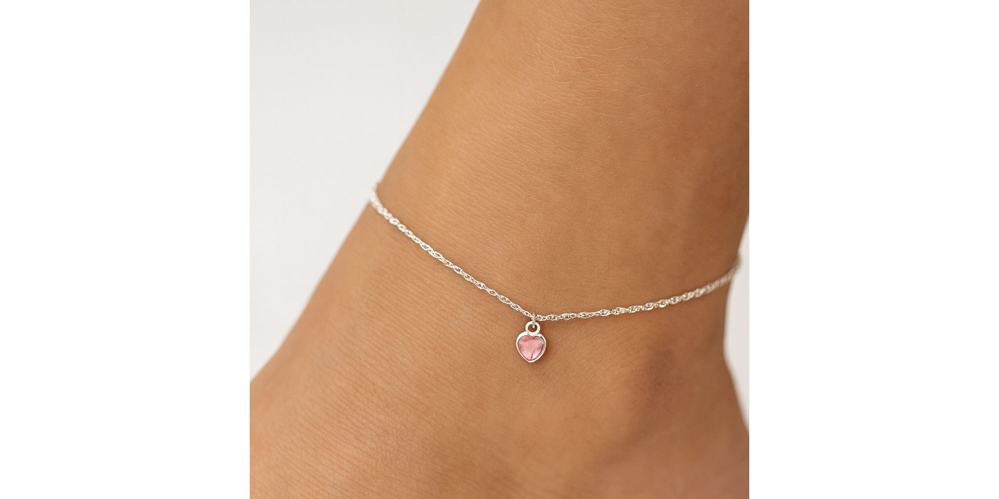 Tornozeleira Elo Português Coração Rosa Banhado A Prata 925