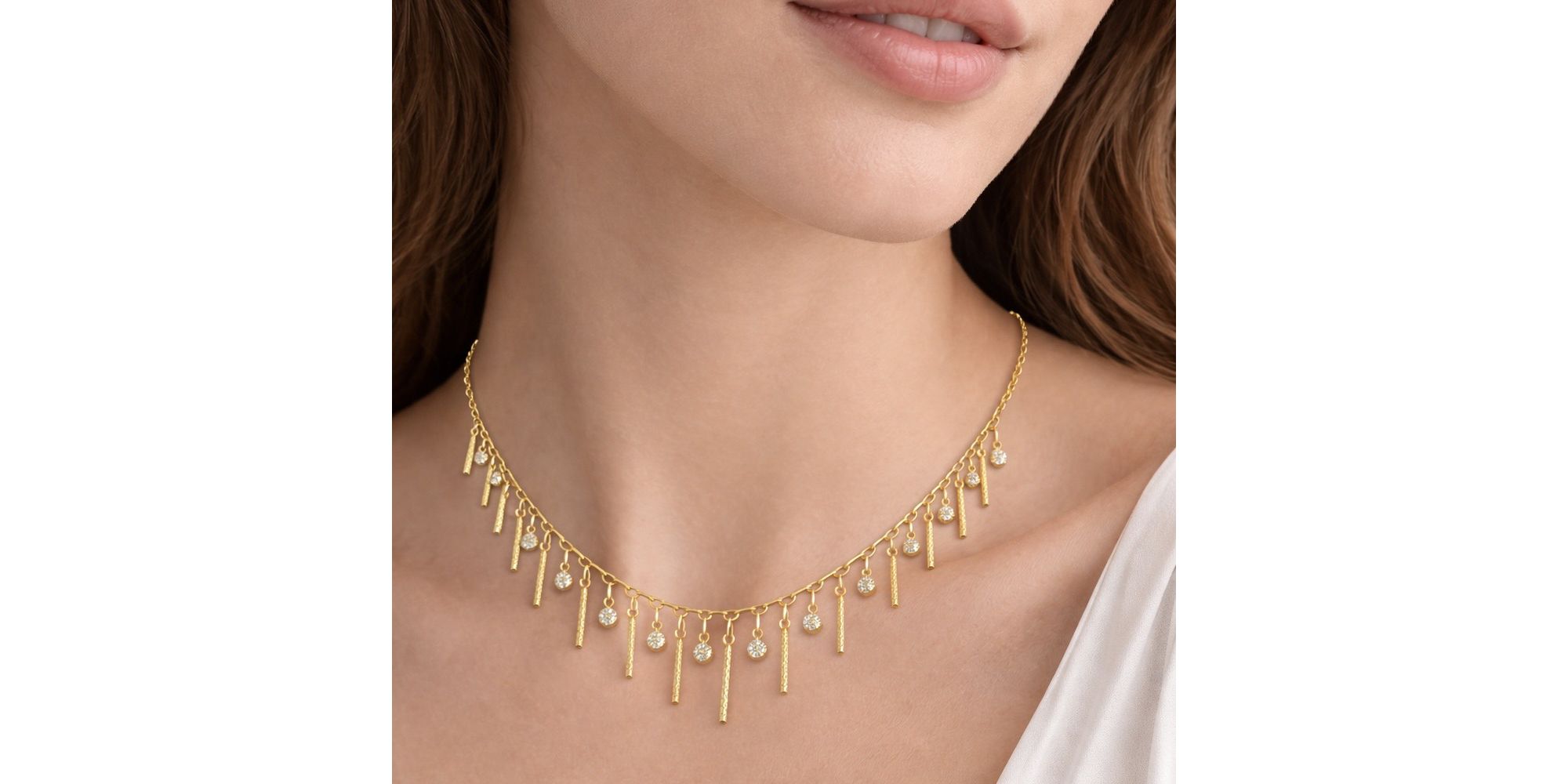 Colar Palitos Strass Pendurado Banhado A Ouro 18K