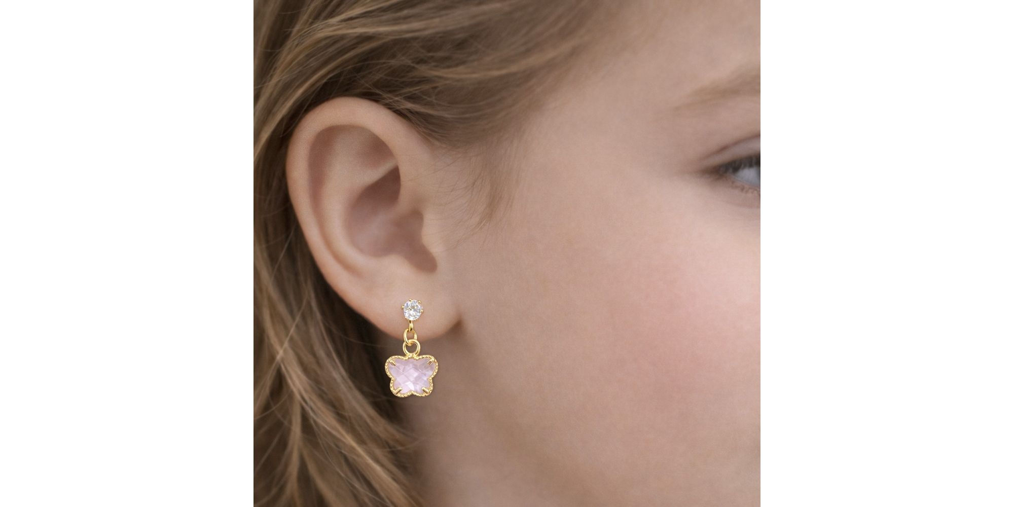 Conjunto Infantil Borboleta Rosa Banhado a Ouro 18K