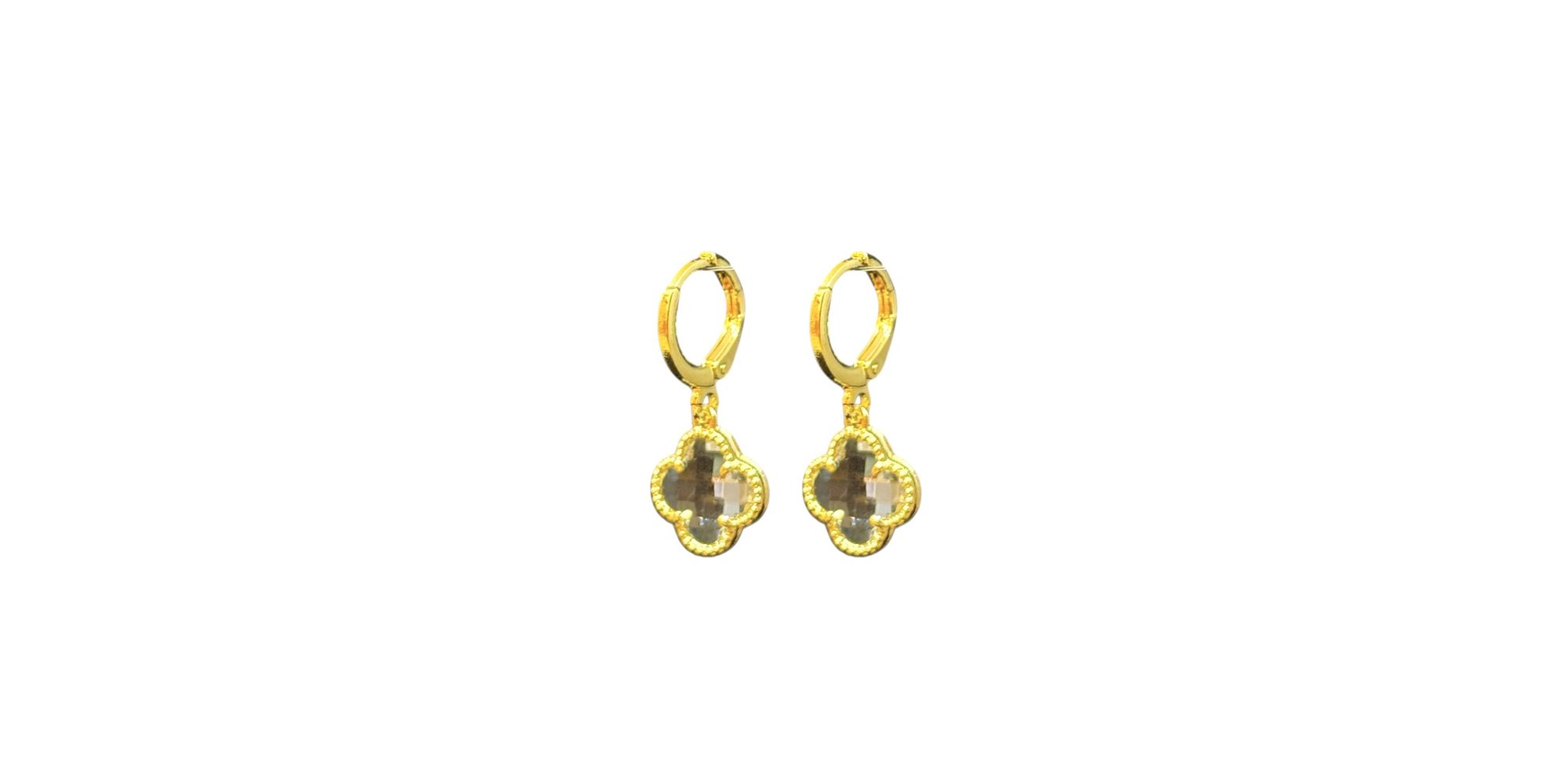Brinco Trevo 3D Cristal Tranqueta Banhado a Ouro 18K