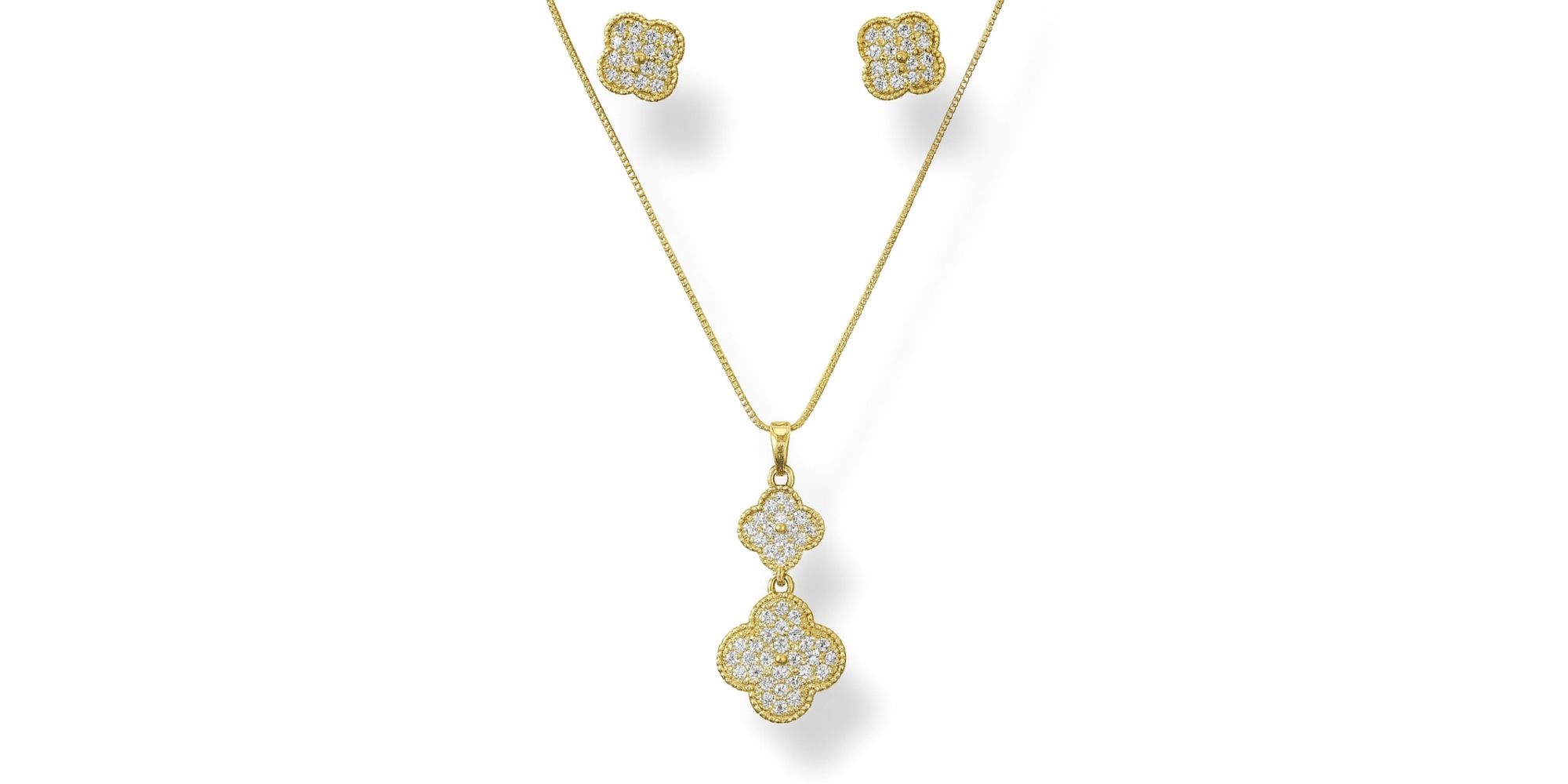 Conjunto Trevo Alhambra Cravejado Banhado A Ouro 18K