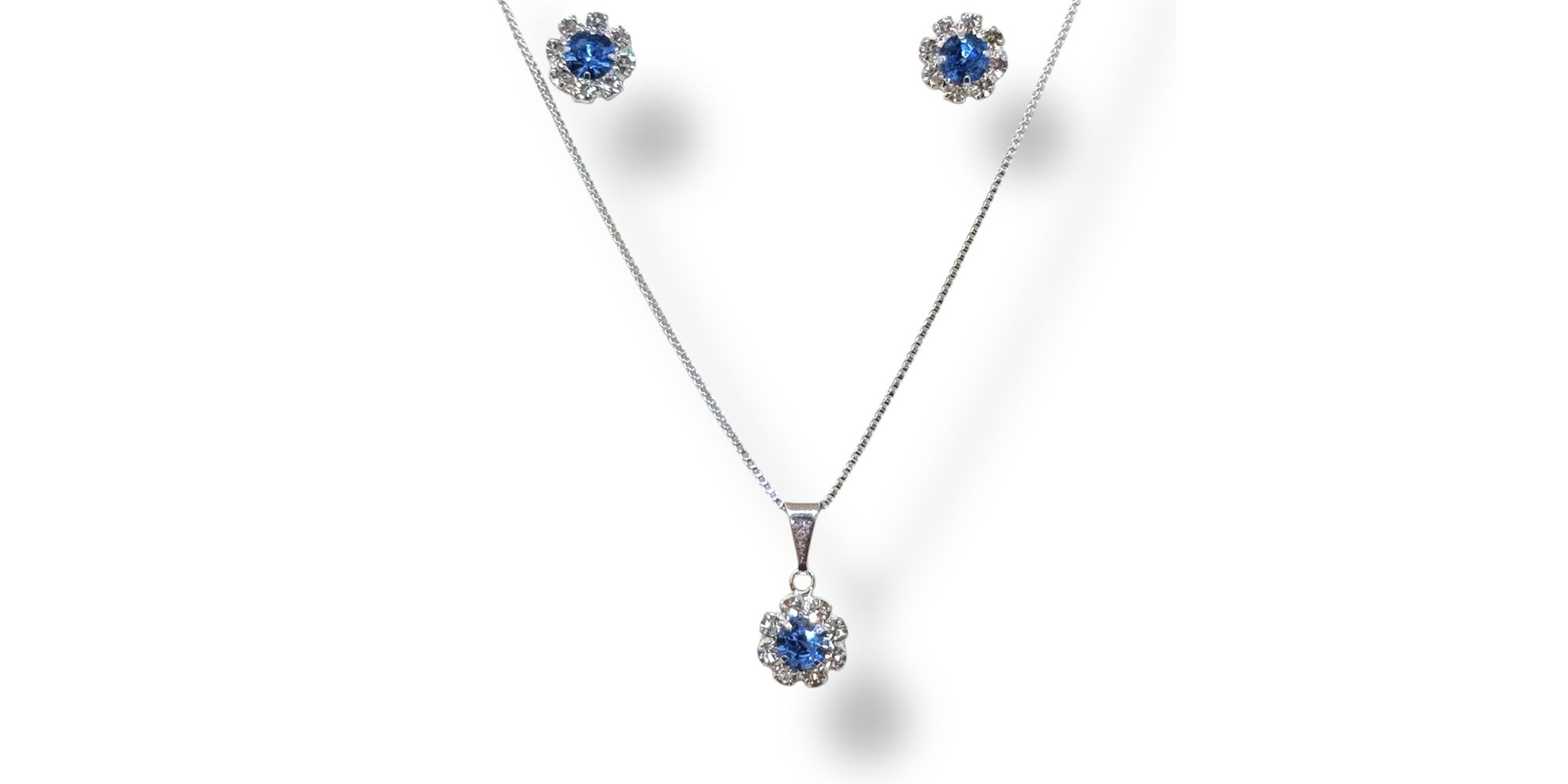 Conjunto Flor Azul Royal Strass Banhado A Prata 925