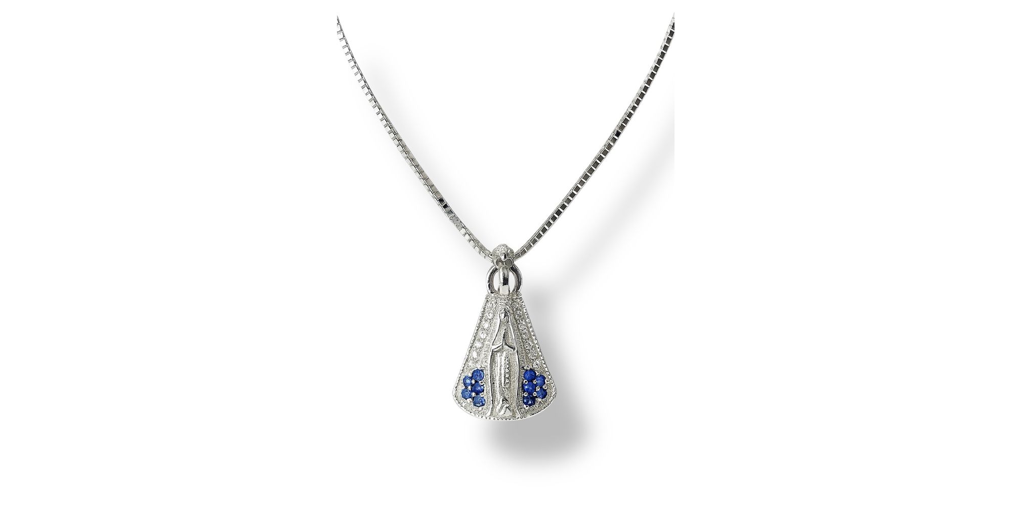 Colar Veneziana Nossa Senhora Cravejada Azul Banhado A Prata 925