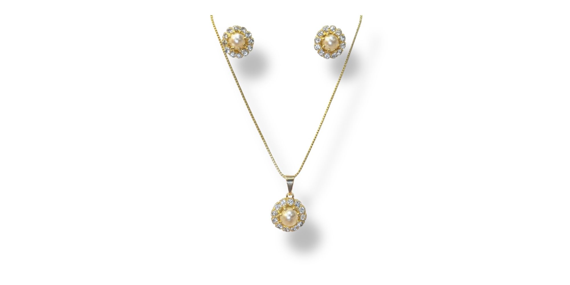 Conjunto Pérola Vovó Strass Banhado A Ouro 18K