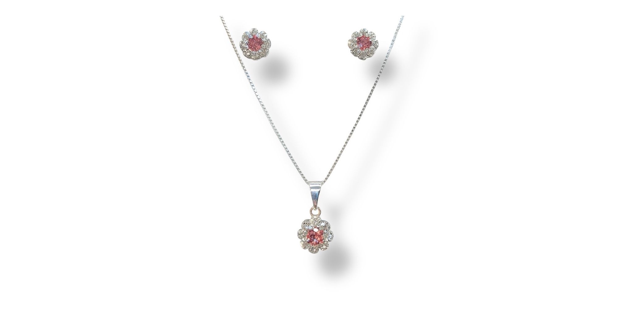 Conjunto Flor Rosa Strass Banhado A Prata 925