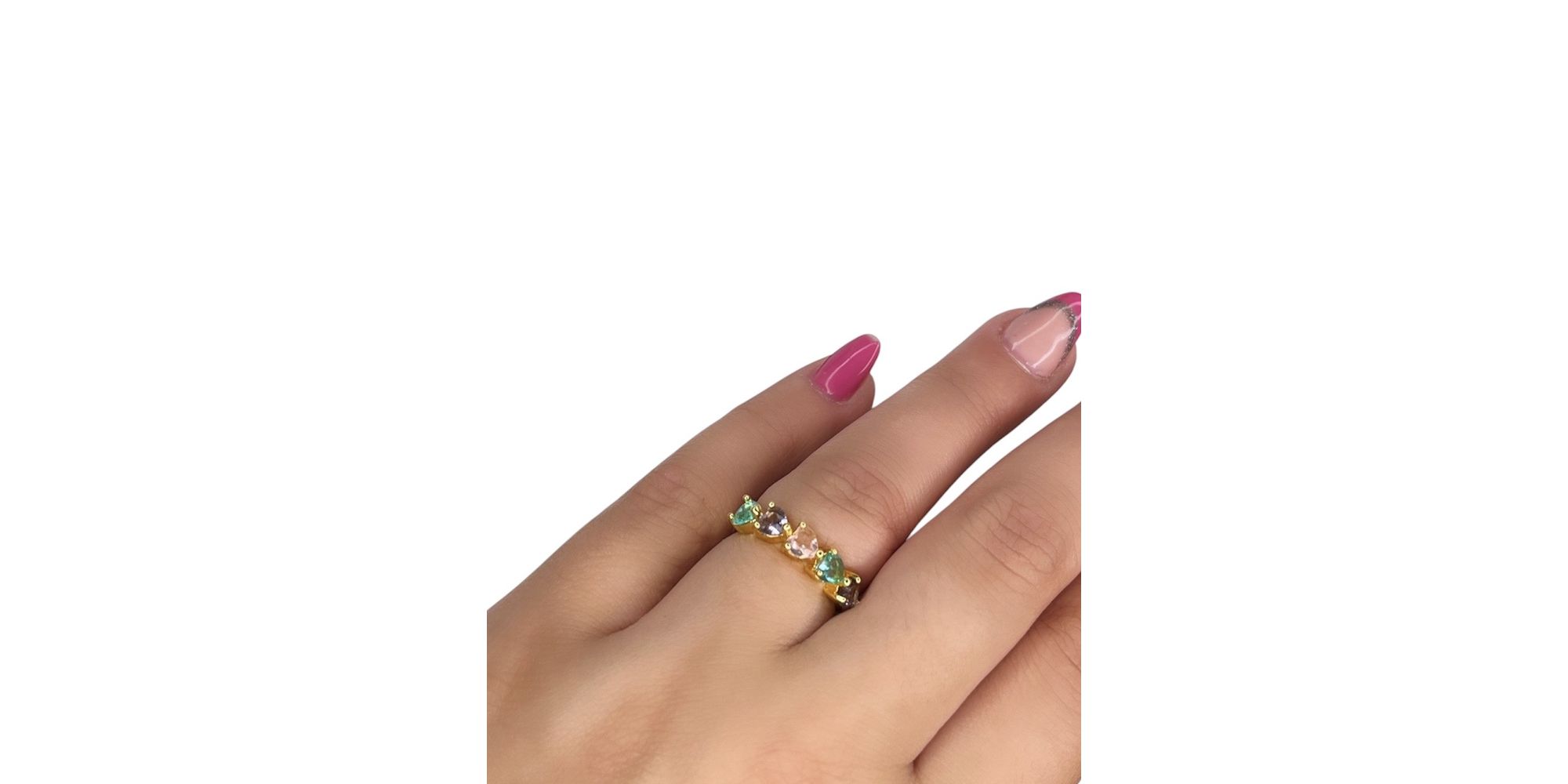 Anel Cinco Corações Colorido Zircônia Banhado A Ouro 18k