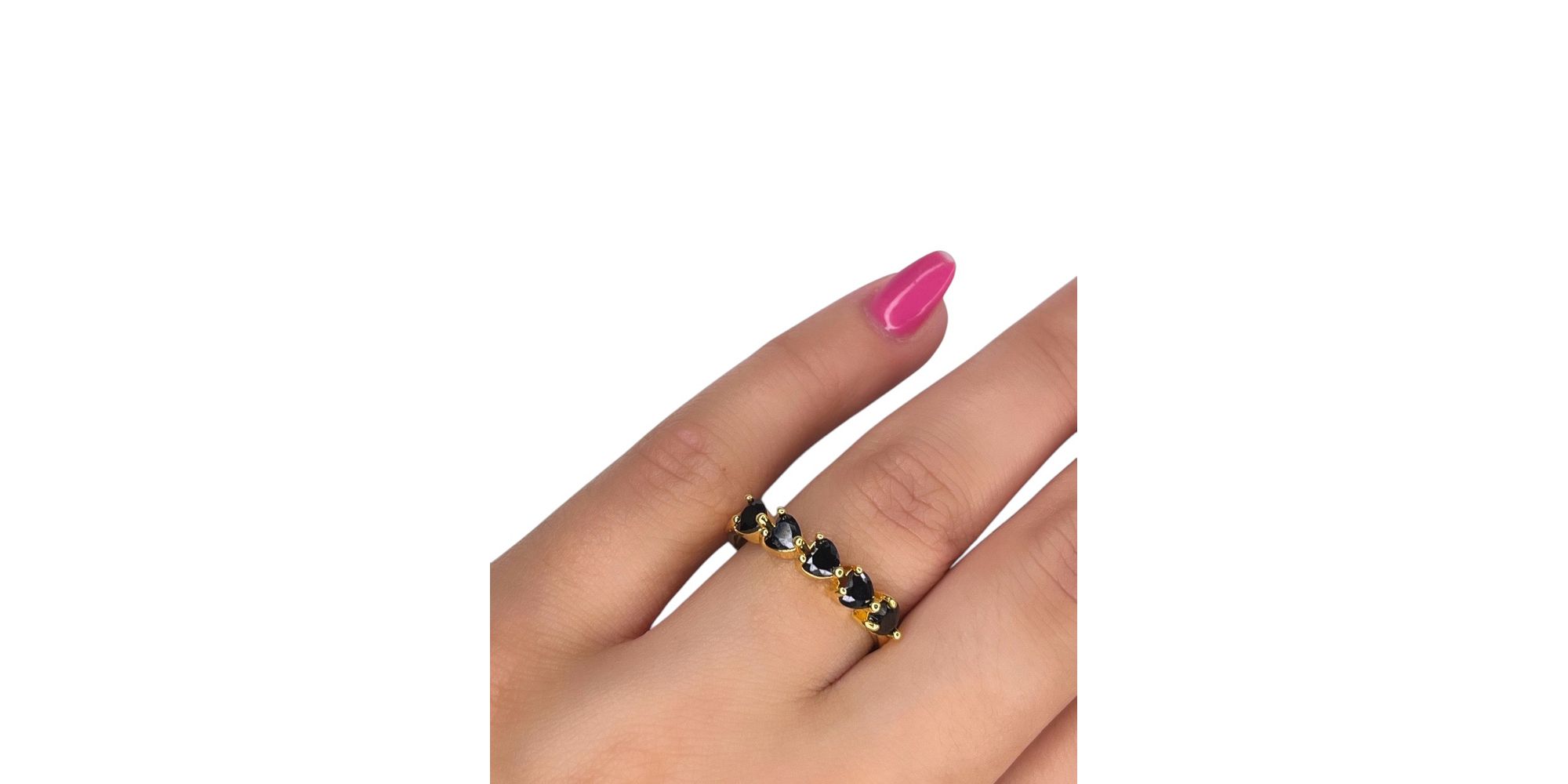 Anel Cinco Corações Preto Zircônia Banhado A Ouro 18k