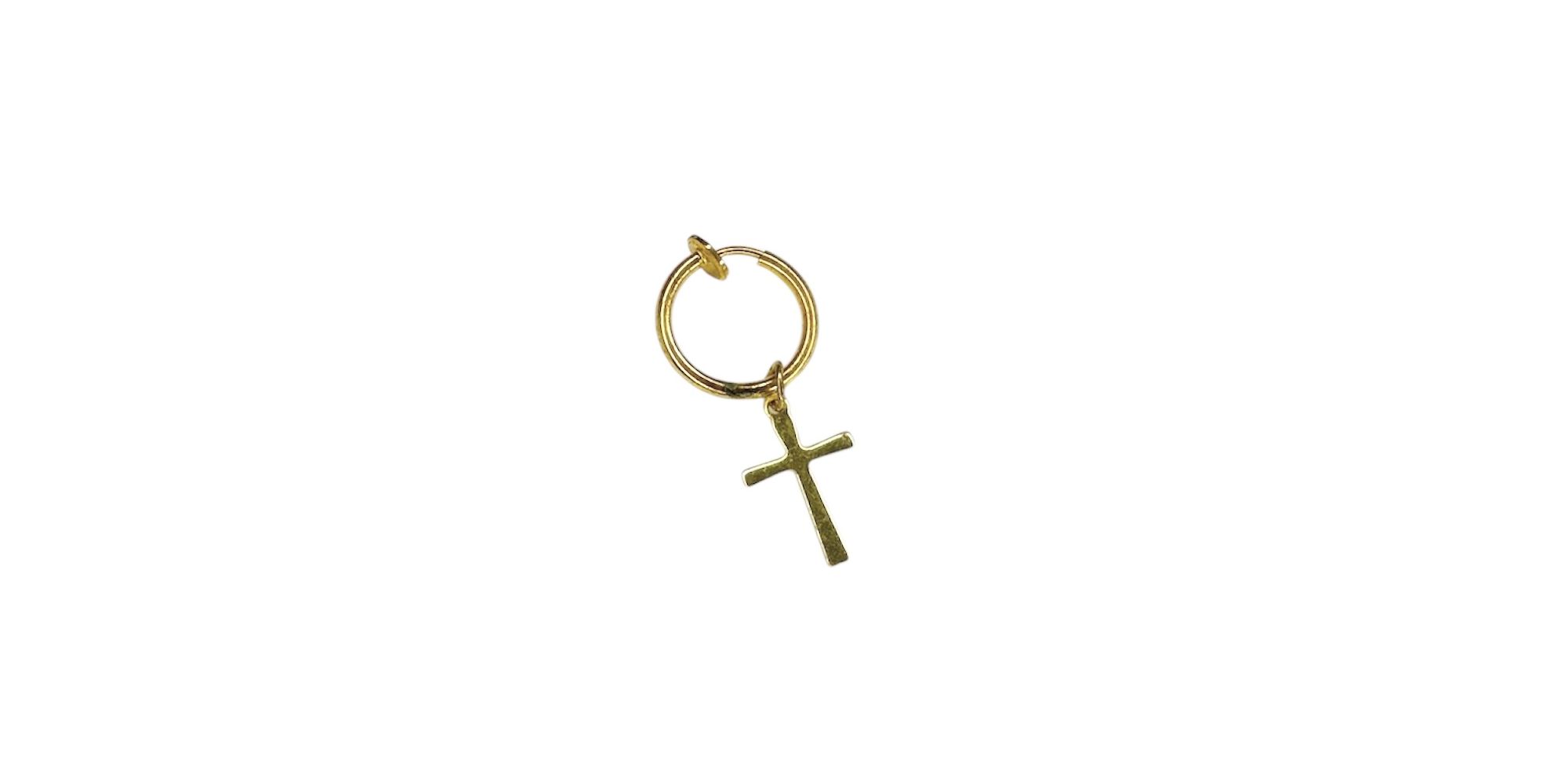 Brinco Único Cruz Fina Pendura Aço Dourado 