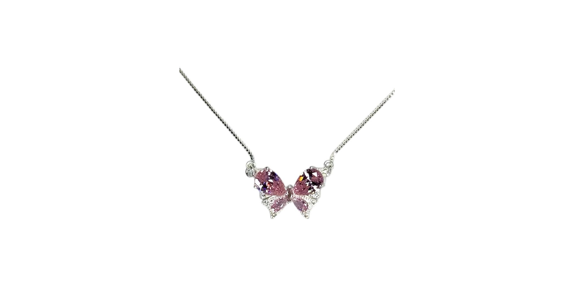 Colar Borboleta Rosa Zircônia Banhado A Prata 925