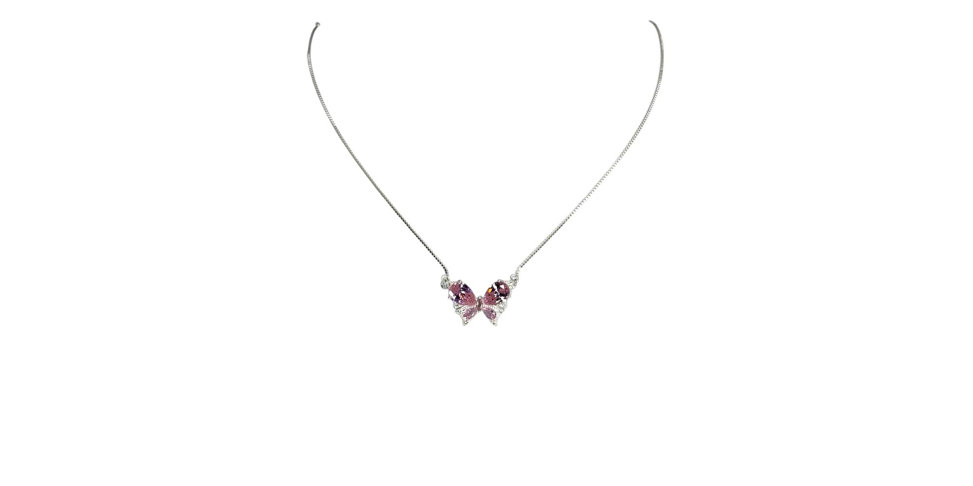 Colar Borboleta Rosa Zircônia Banhado A Prata 925