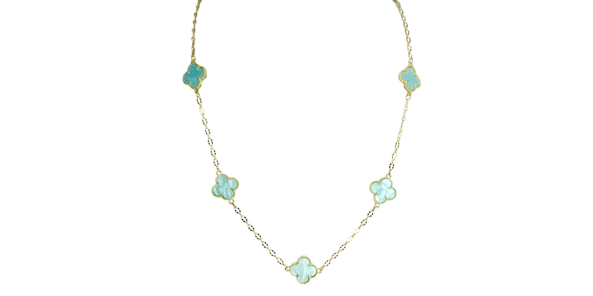 Colar Cinco Trevo Azul Água Banhado A Ouro 18k