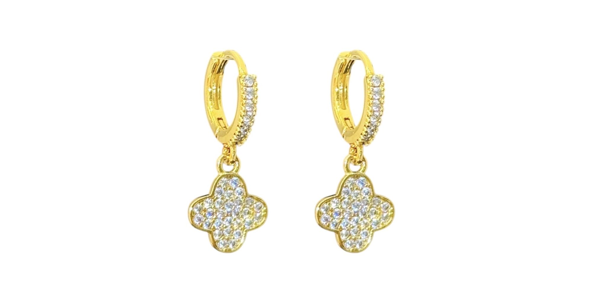 Brinco Trevo Tranqueta Cravejado Banhado A Ouro 18K