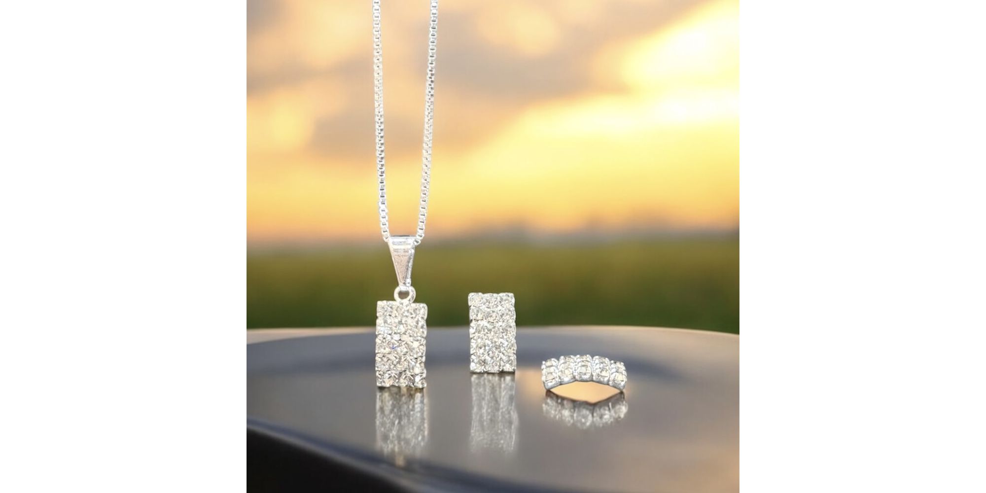 Conjunto Retangular Strass Banhado A Prata 925