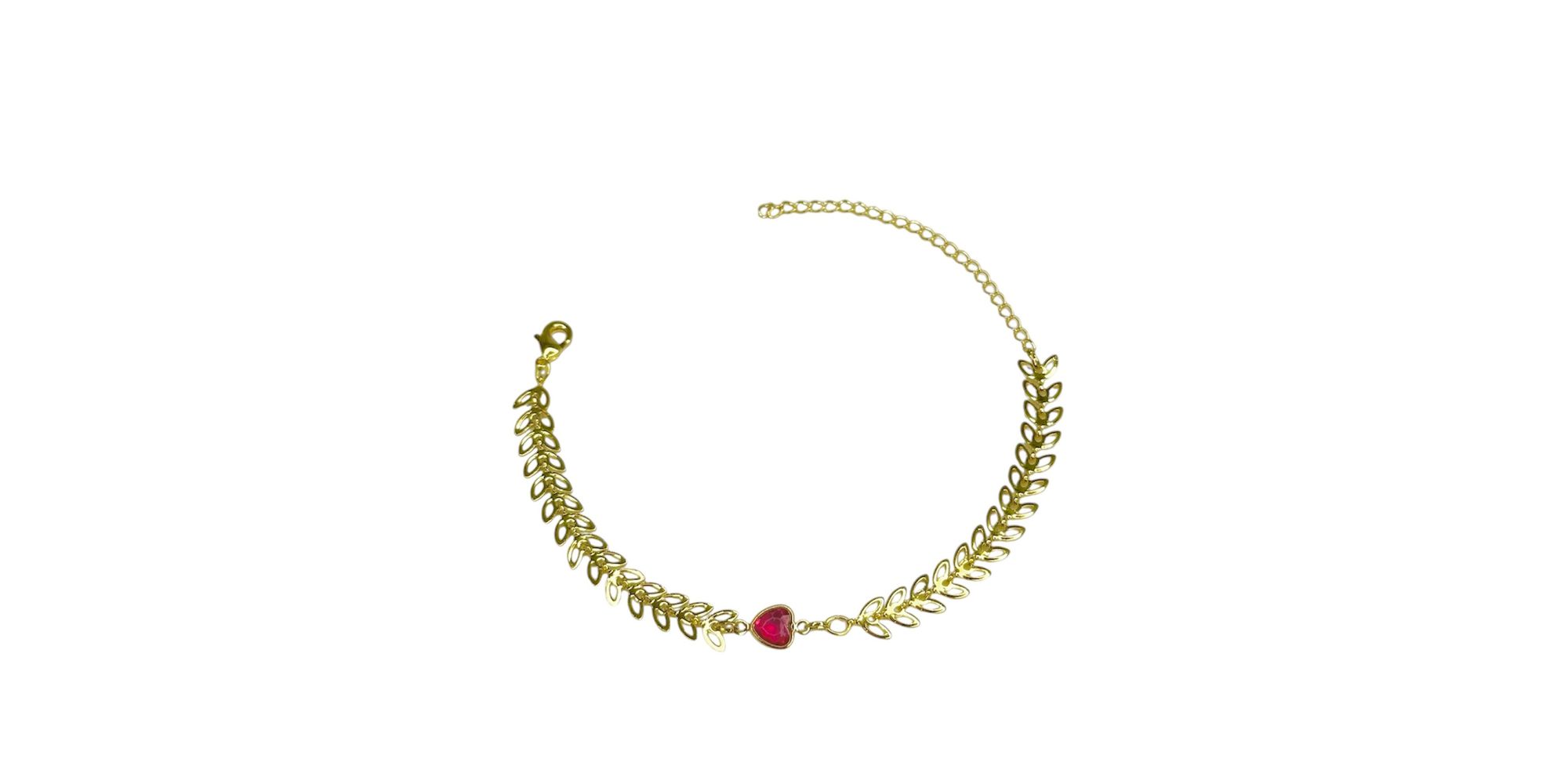 Pulseira Escama Coração Rosa Meio Banhado A Ouro 18K