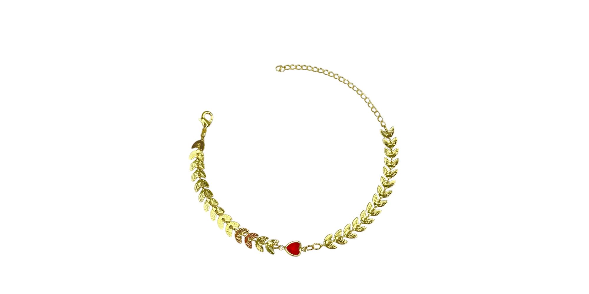 Pulseira Escama Coração Vermelho Meio Banhado A Ouro 18K