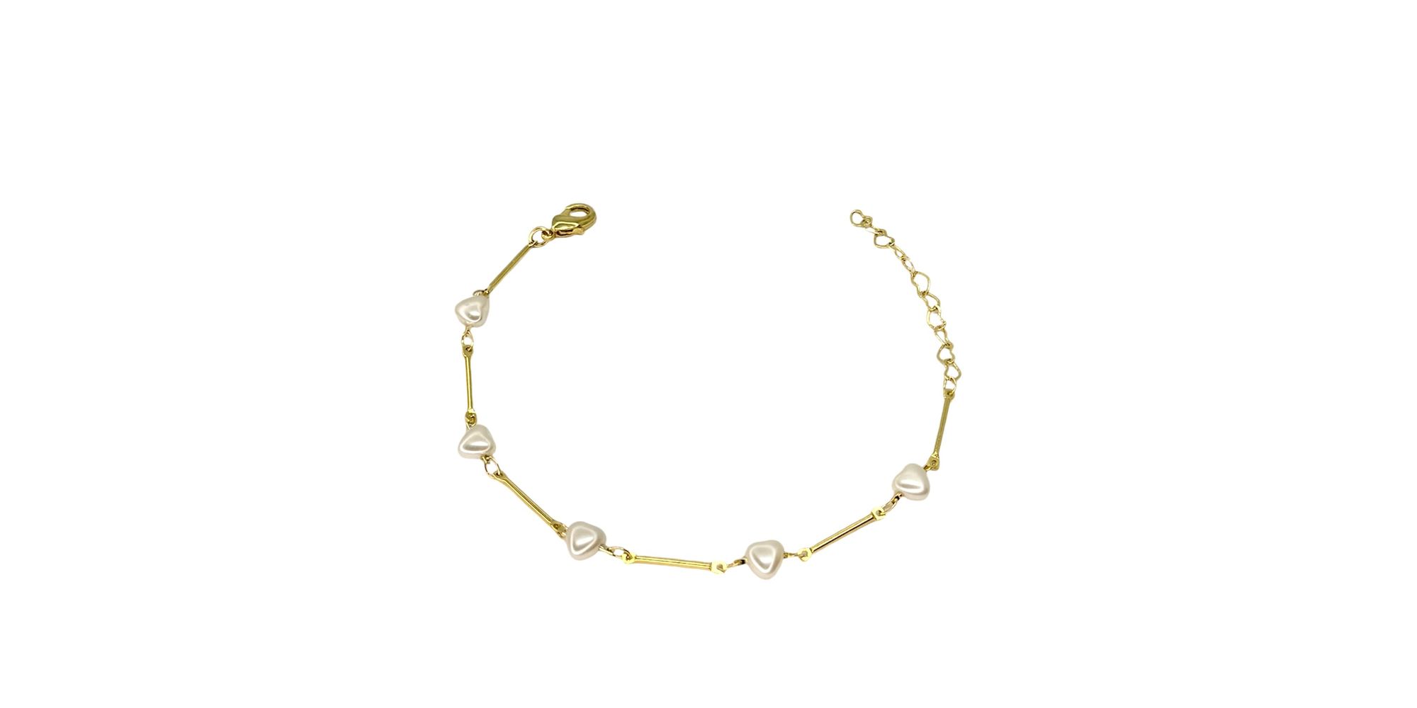 Pulseira Três Corações Pérola Palito Banhado A Ouro 18K