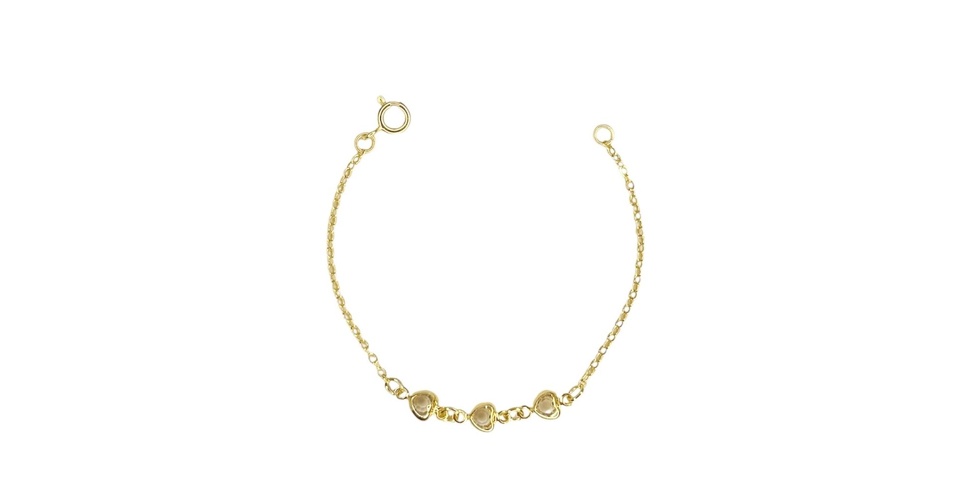 Pulseira Infantil 3 Corações Cristal Banhado a Ouro 18K