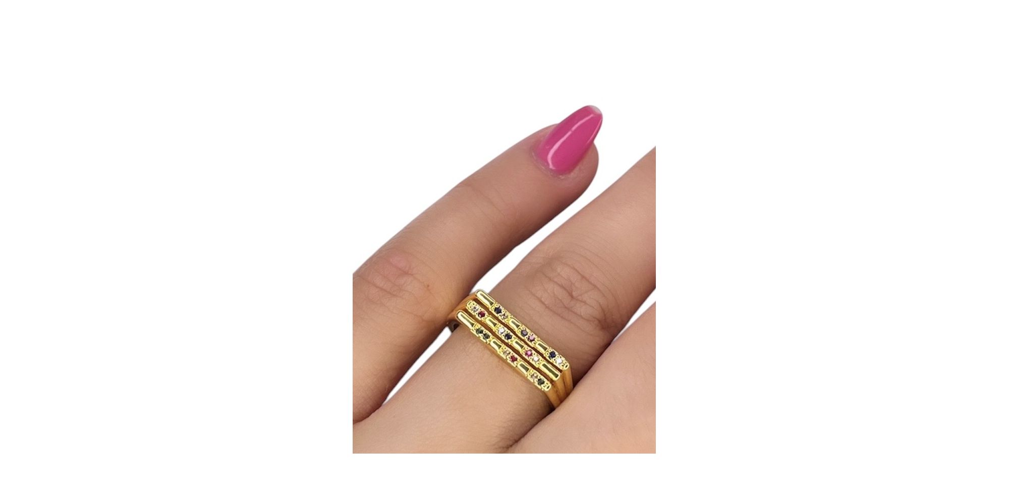 Anel Três Lines Colorido Cravejado Banhado A Ouro 18k