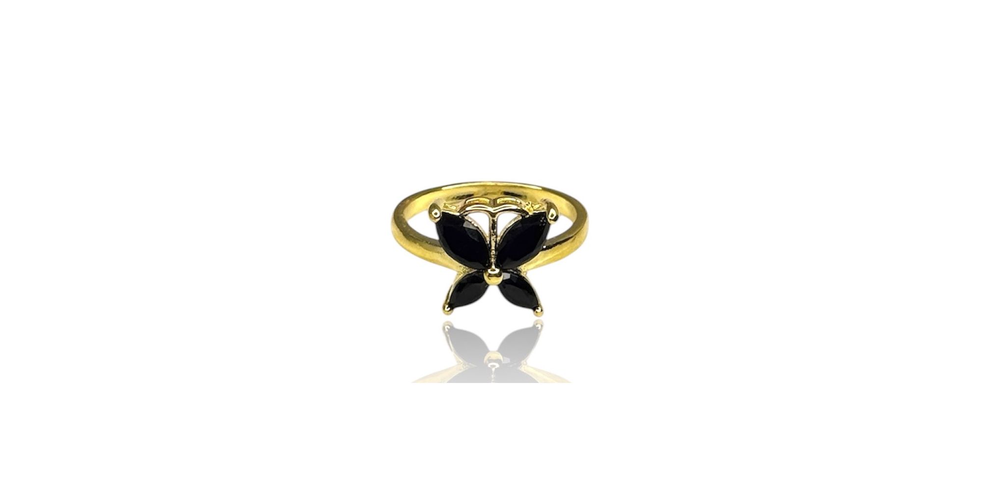 Anel Borboleta Preto Zircônia Banhado A Ouro 8k