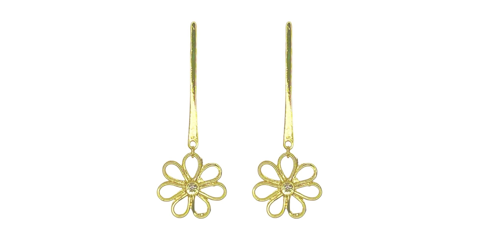 Brinco Flor Base Escovada Palito Strass Banhado a Ouro 18K