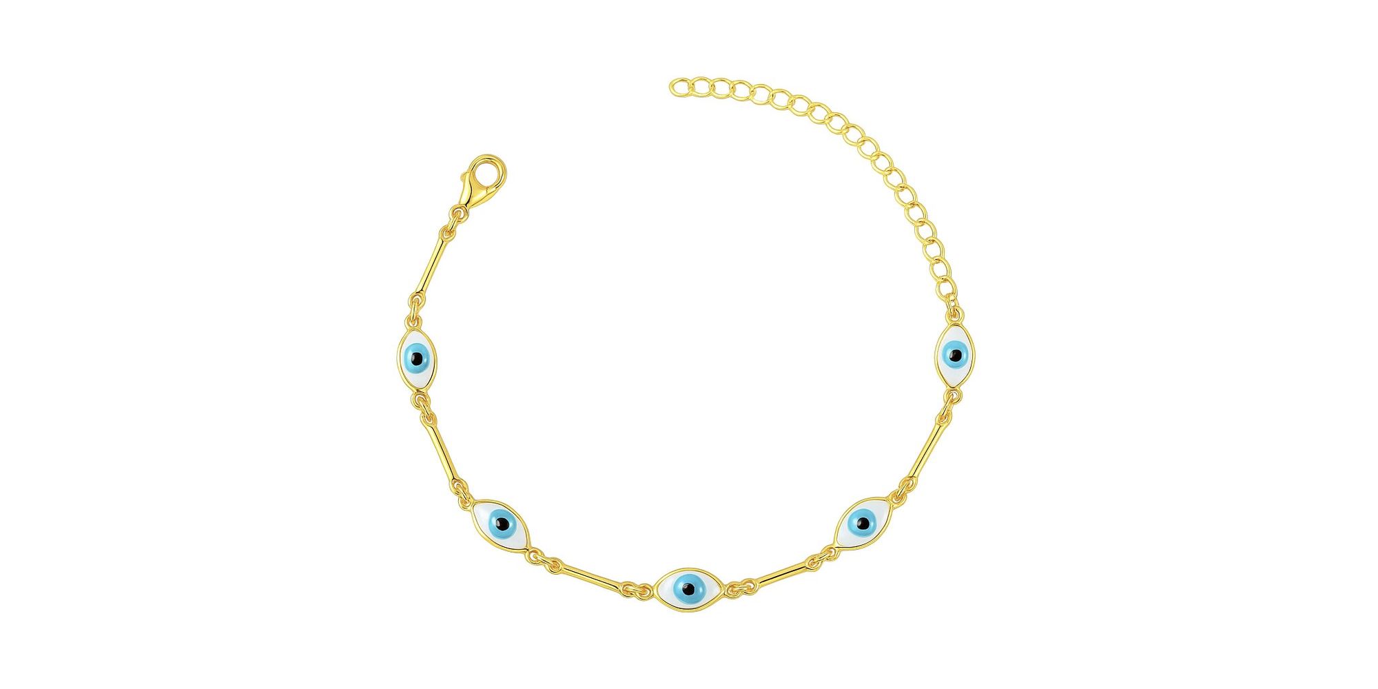 Pulseira Olho Grego Branco Azul Claro Grande Palito Banhado a Ouro 18K