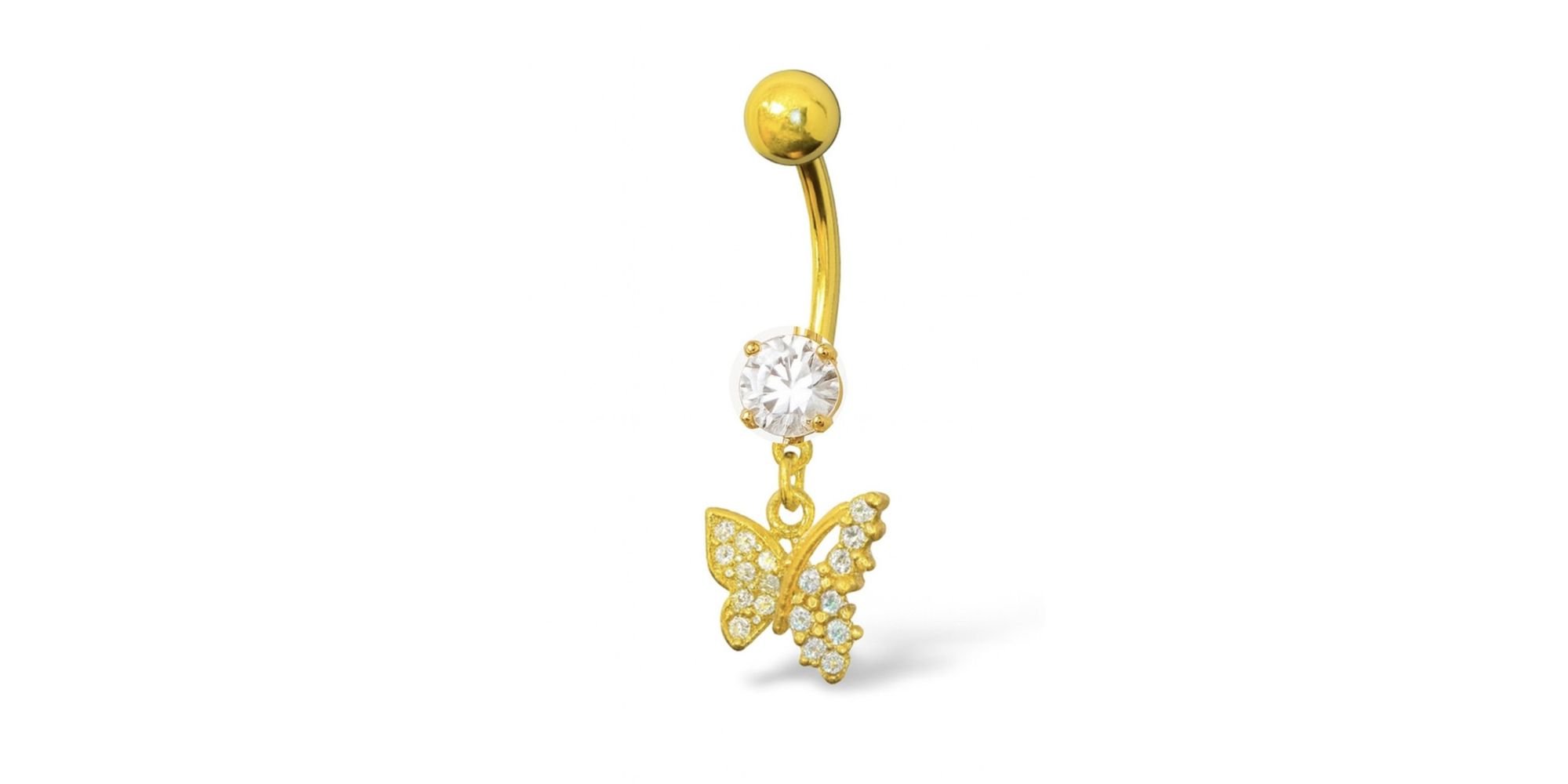 Piercing Umbigo Zircônia Pingente Borboleta Cravejado Aço Dourado