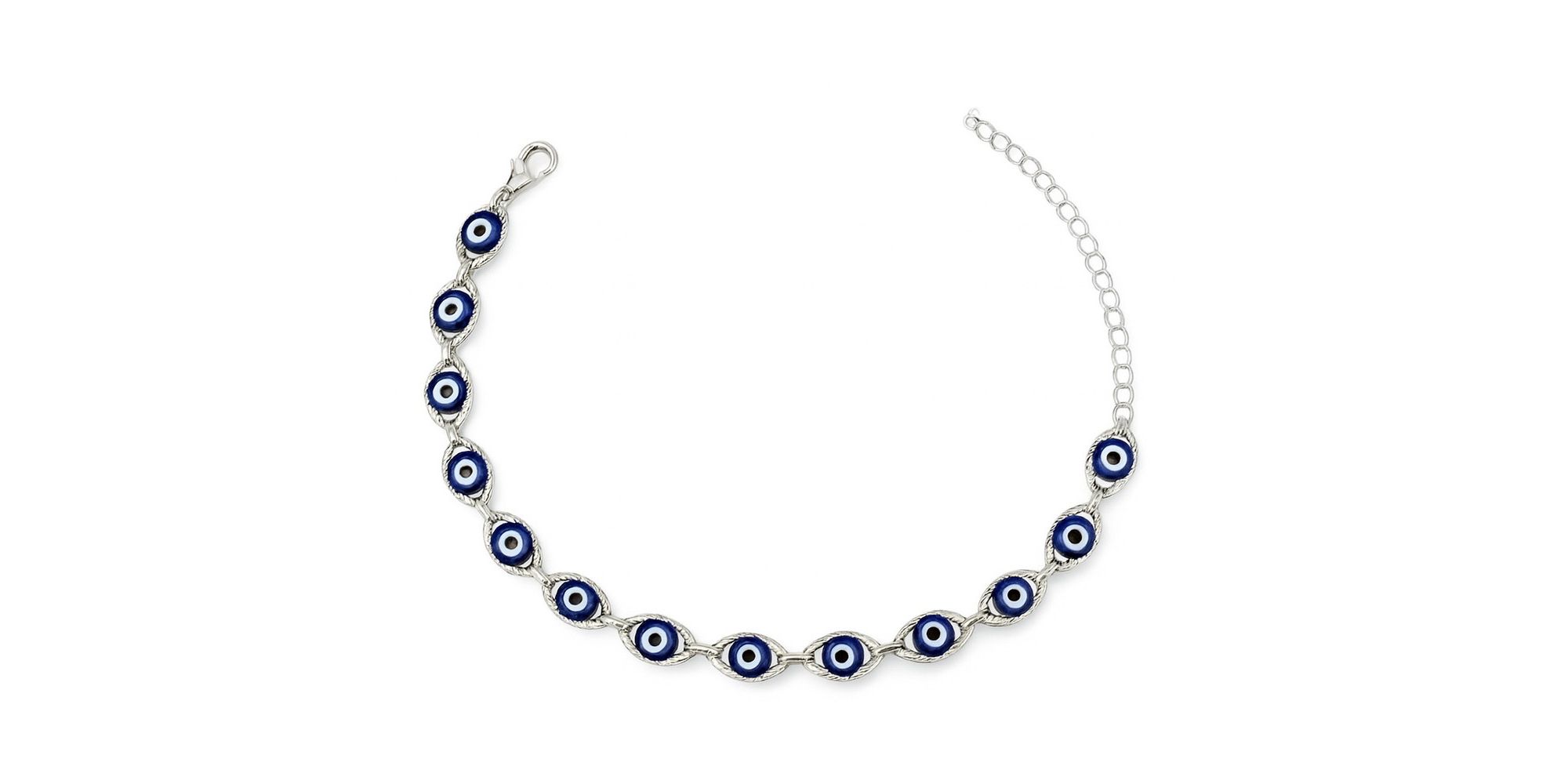 Pulseira Olho Grego Chinês Grande Azul Escuro Banhado A Prata 925