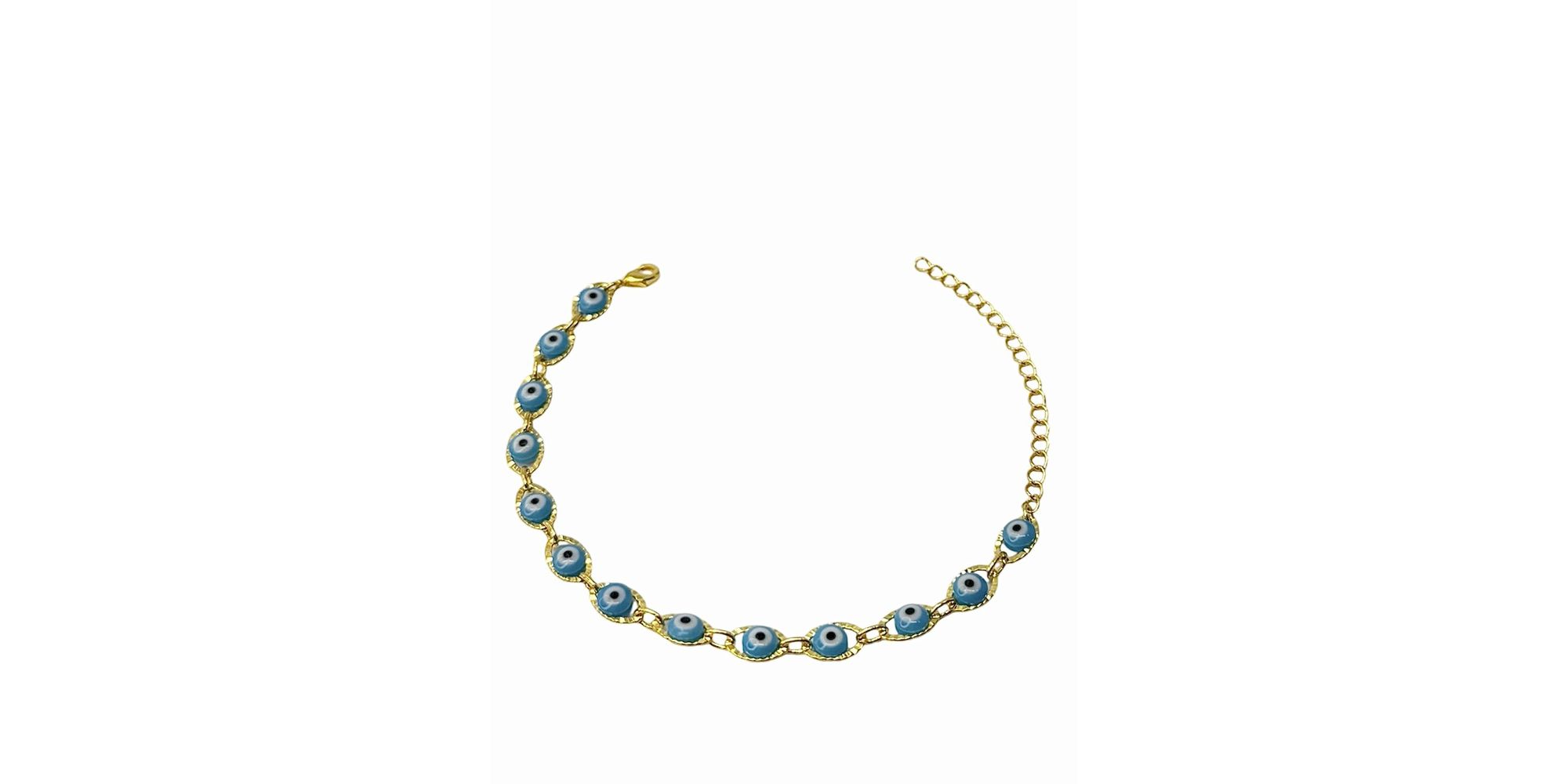 Pulseira Olho Grego Chinês Grande Azul claro Banhado a Ouro 18K