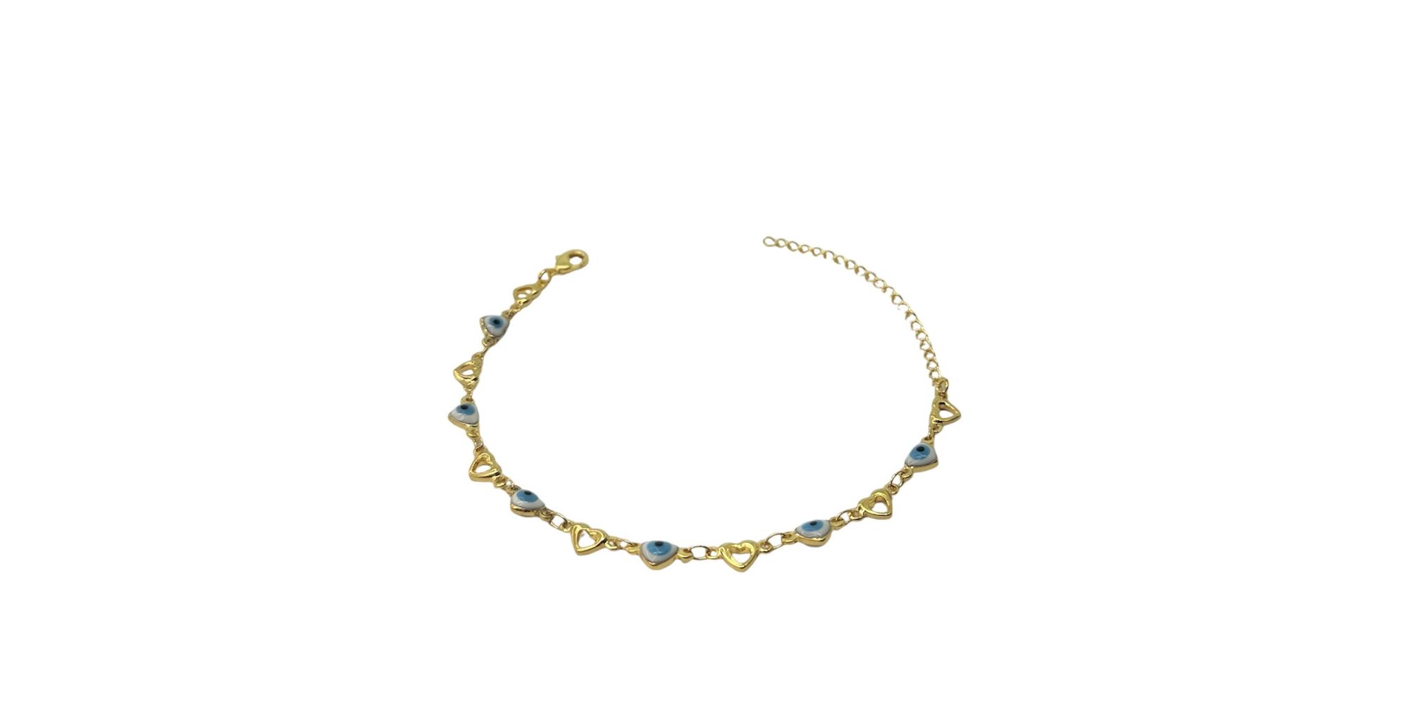 Pulseira Olho Grego Coração Vazado Azul Claro Banhado a Ouro 18K