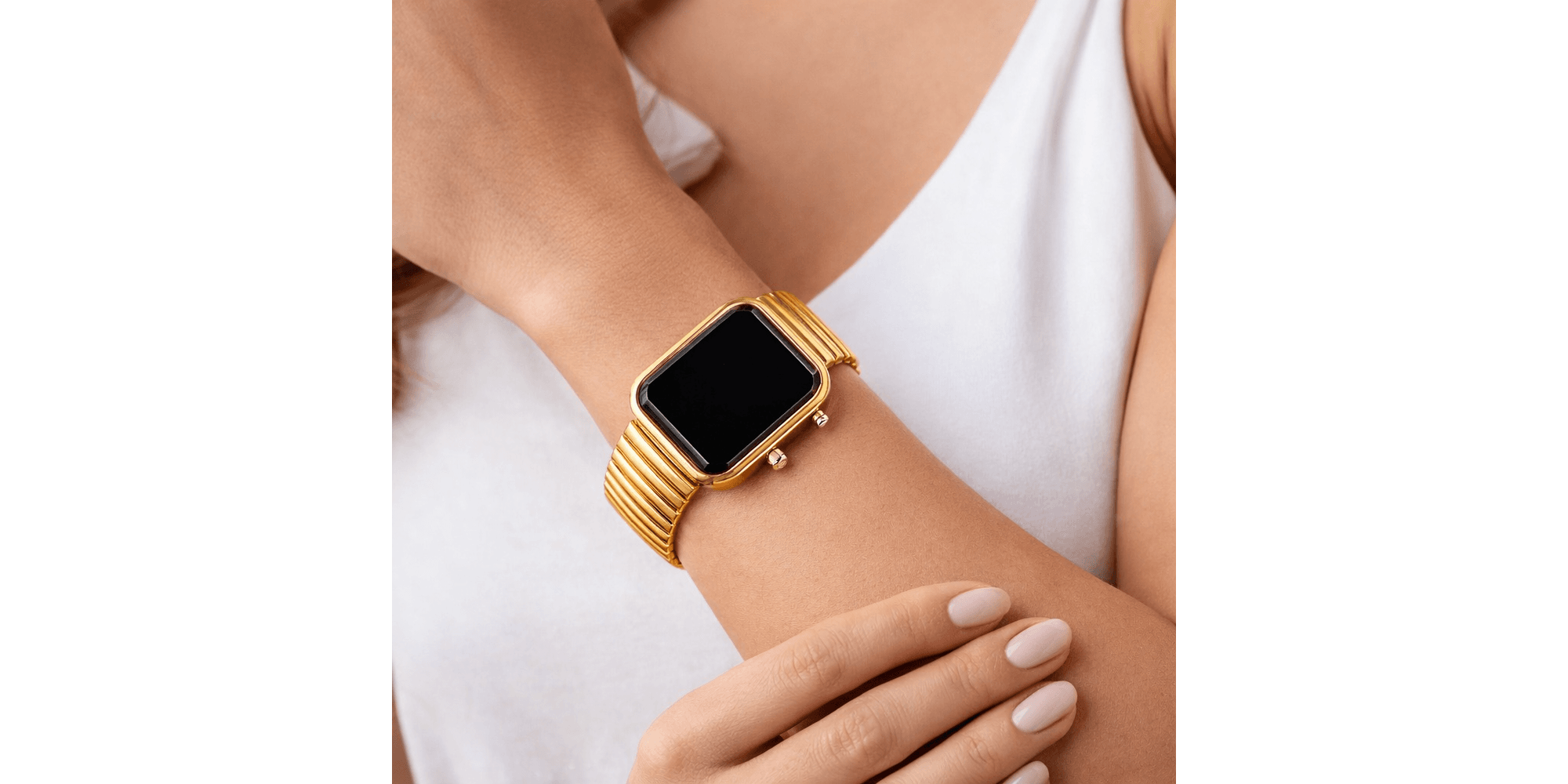 Relógio Led Digital Quadrado Elástico Aço Dourado 