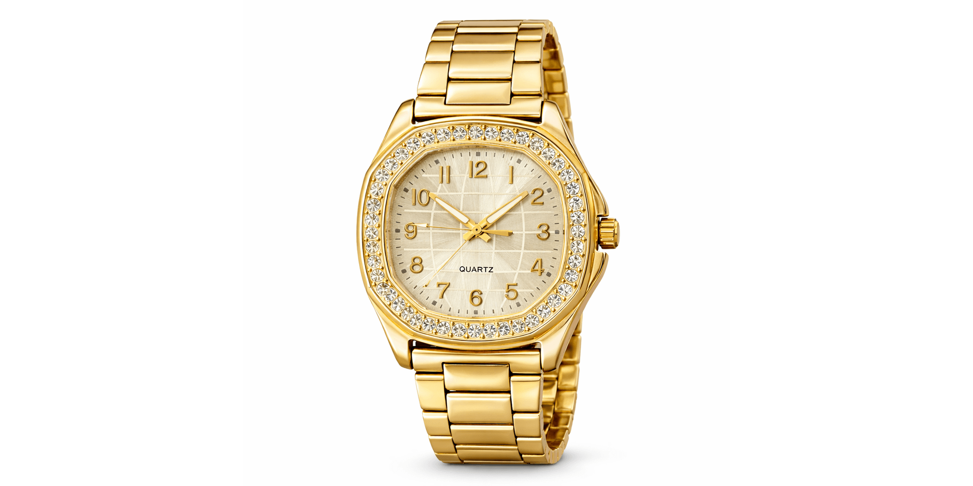 Relógio Quartz Quadrado Cravejado Aço Dourado