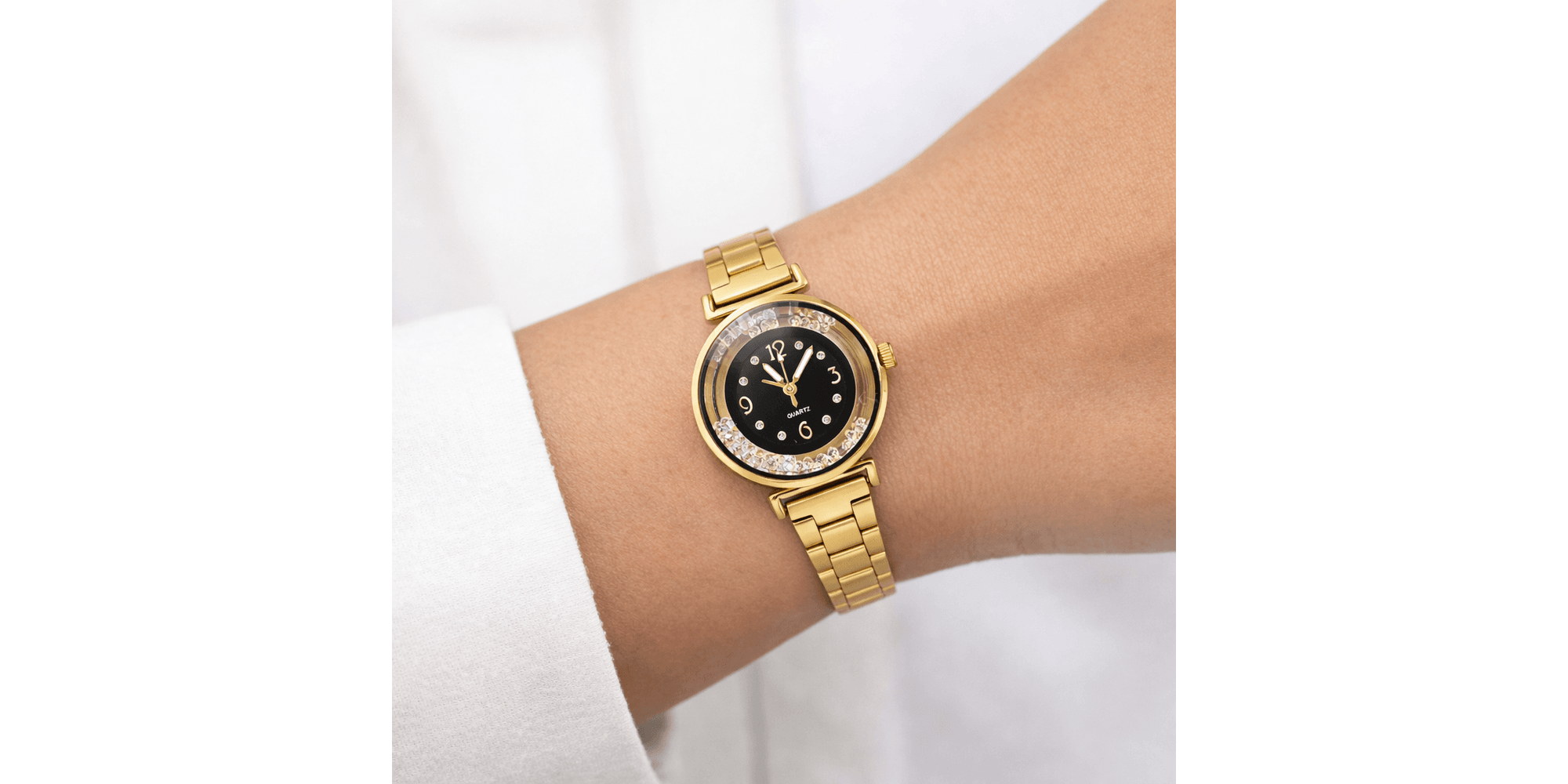 Relógio Quartz Cristal Diamonds Aço Dourado