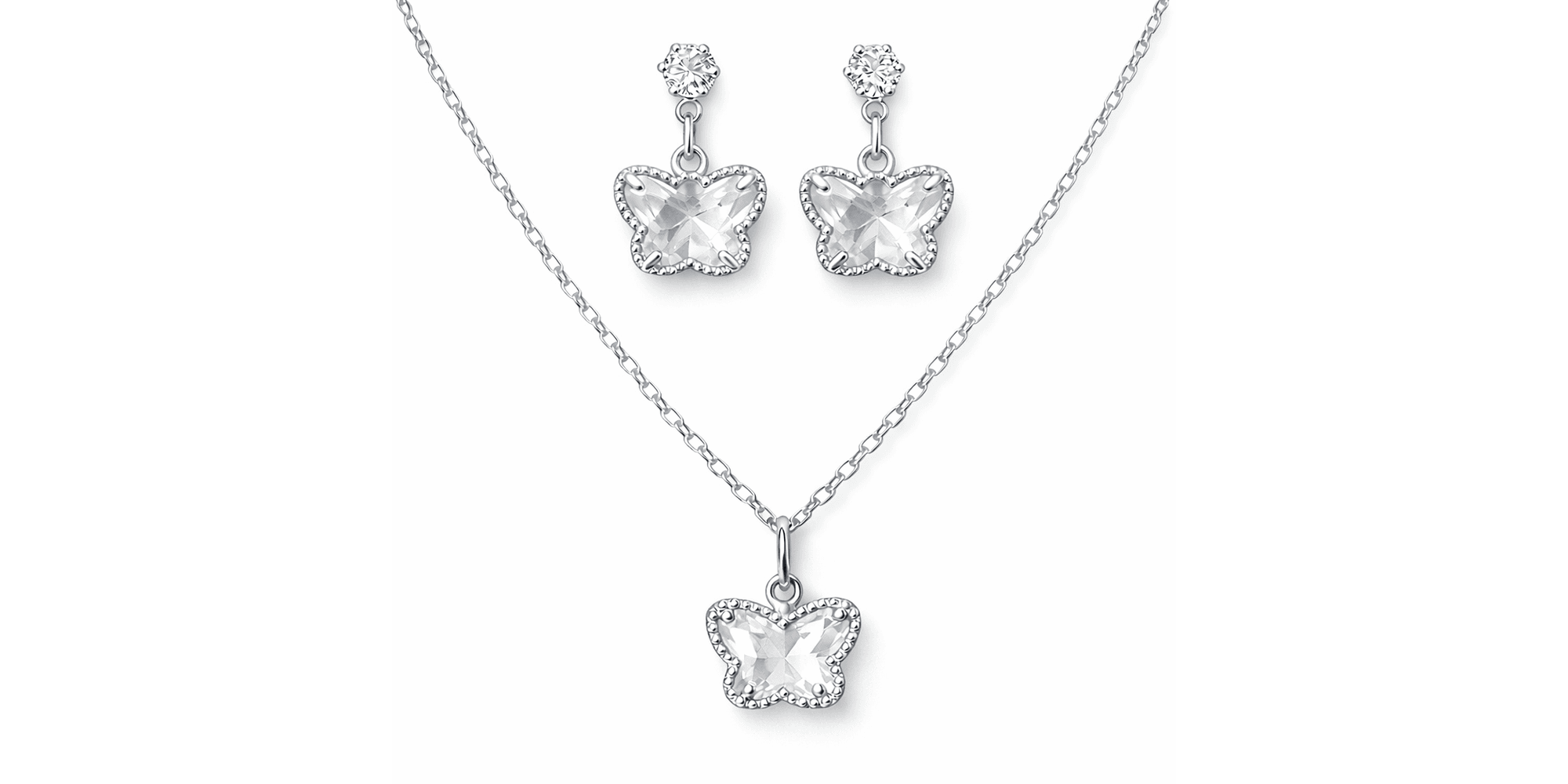 Conjunto Borboleta Cristal Banhado a Prata 925