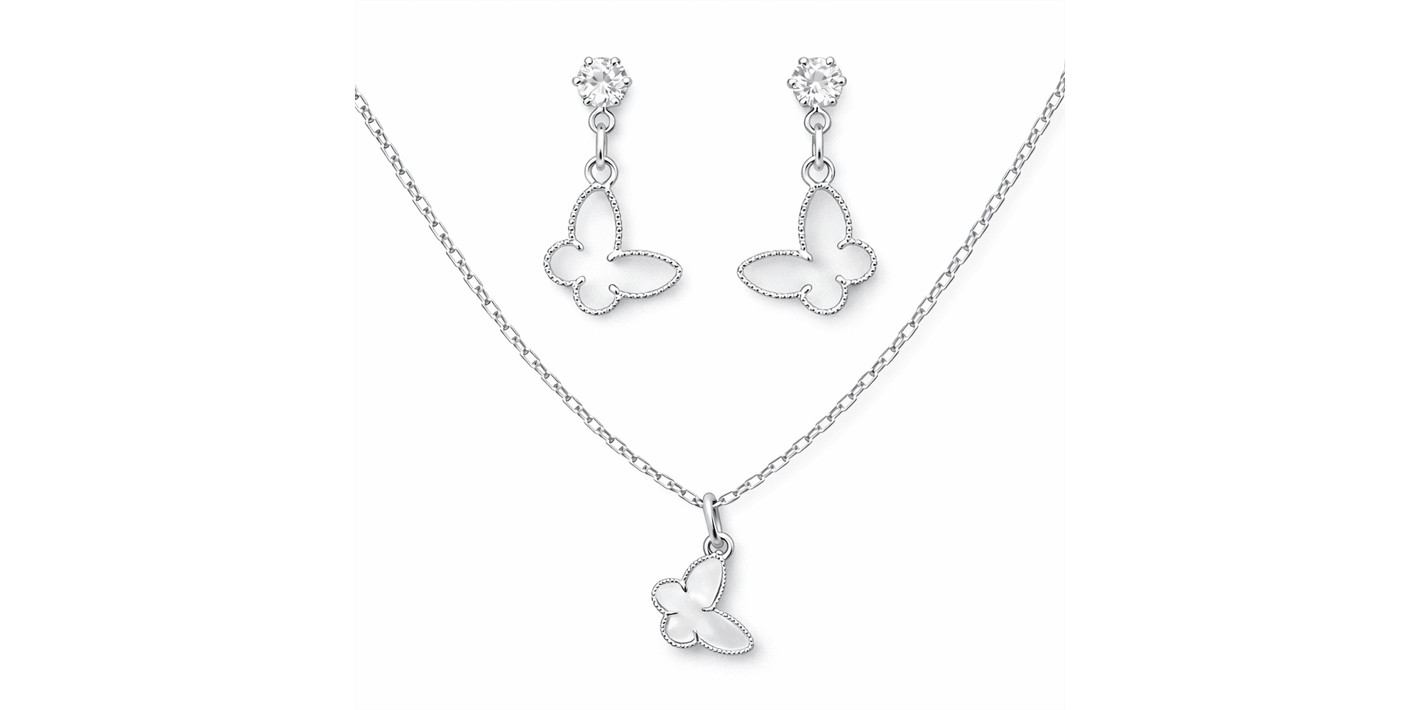 Conjunto Borboleta Branco Banhado Prata 925