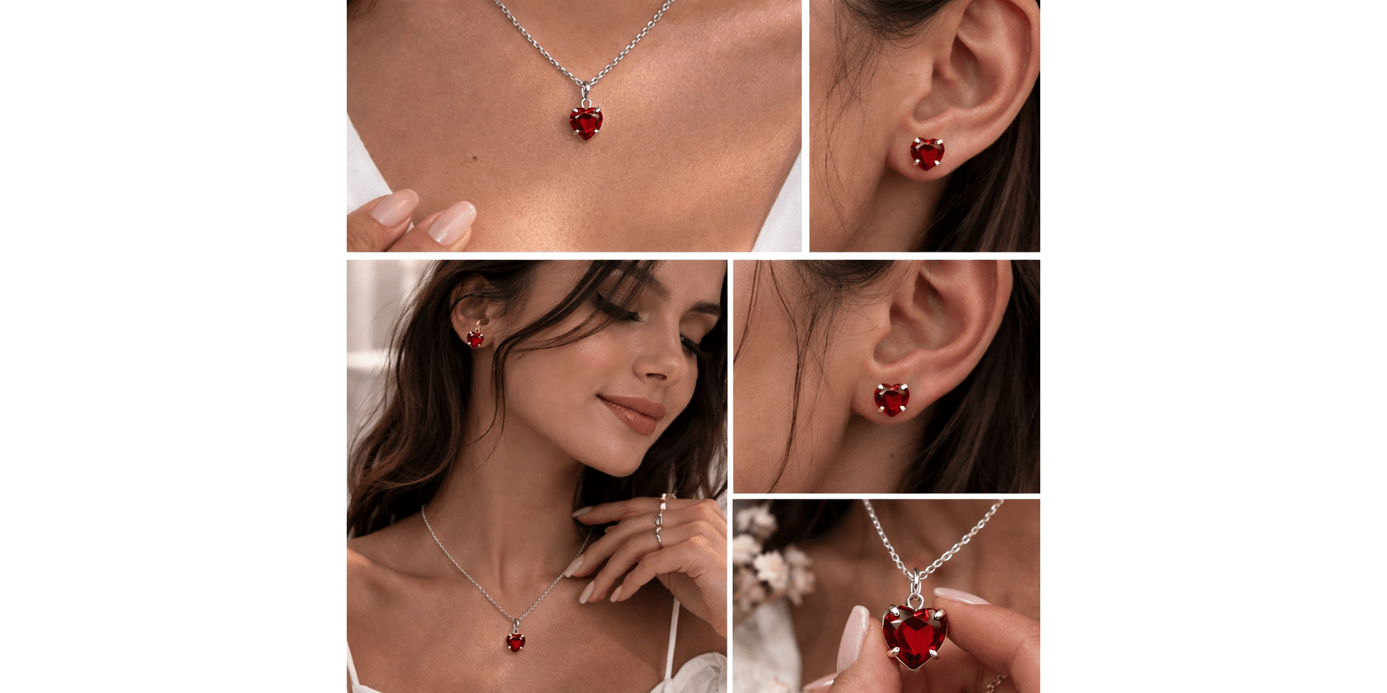 Conjunto Coração Vermelho Zircônia Banhado a Ouro 18K