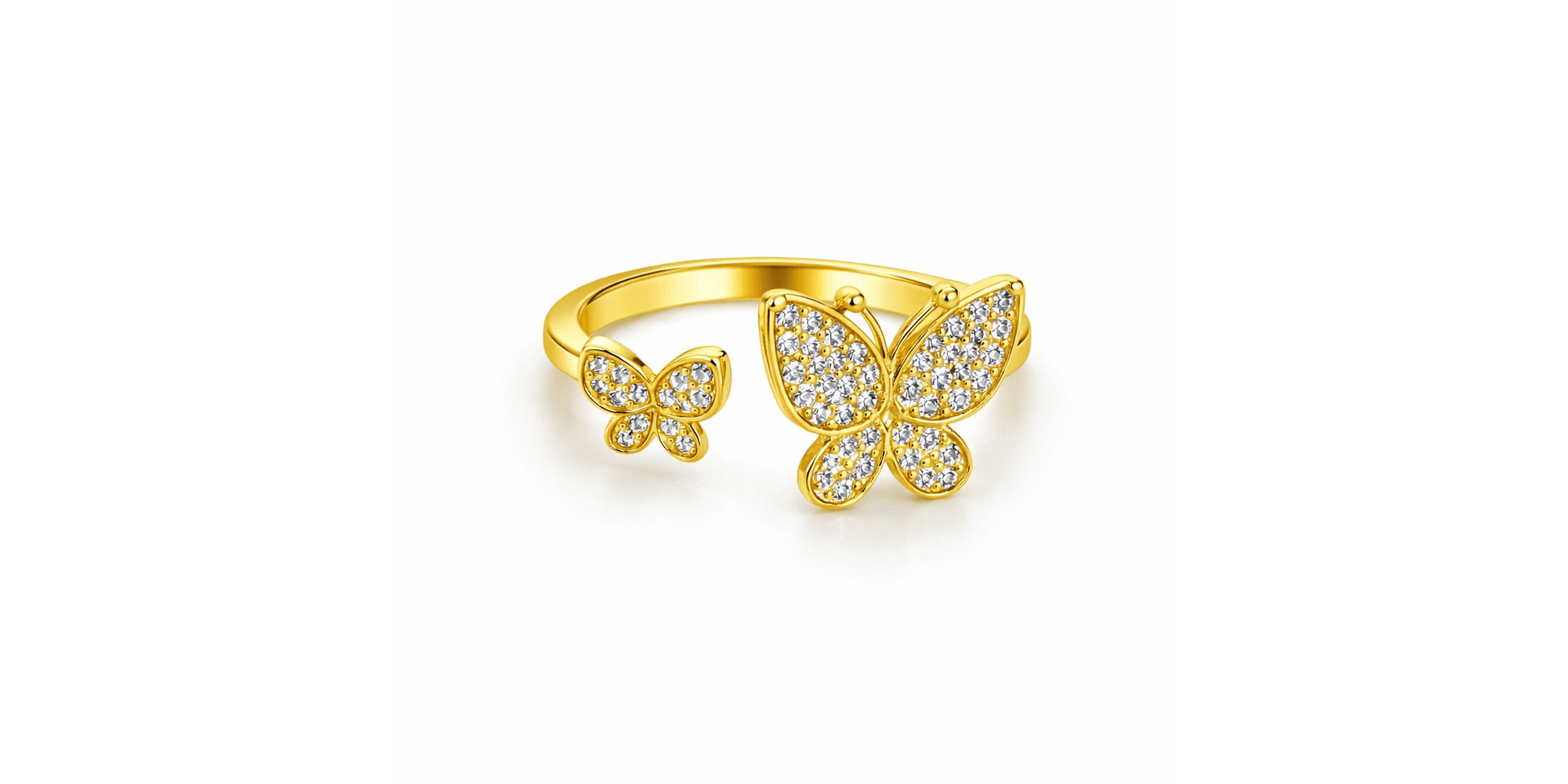 Anel Borboleta Dupla Regulável Cravejado Banhado. a Ouro 18K