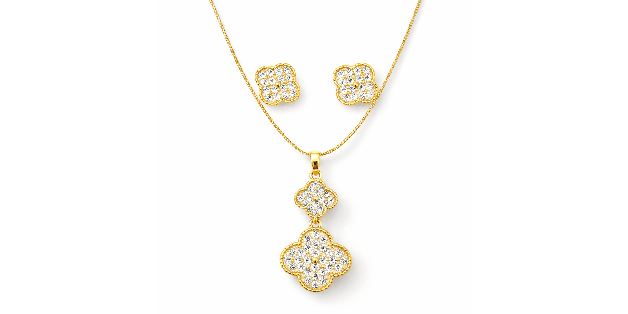 Conjunto Trevo Alhambra Cravejado Banhado a Ouro 18K