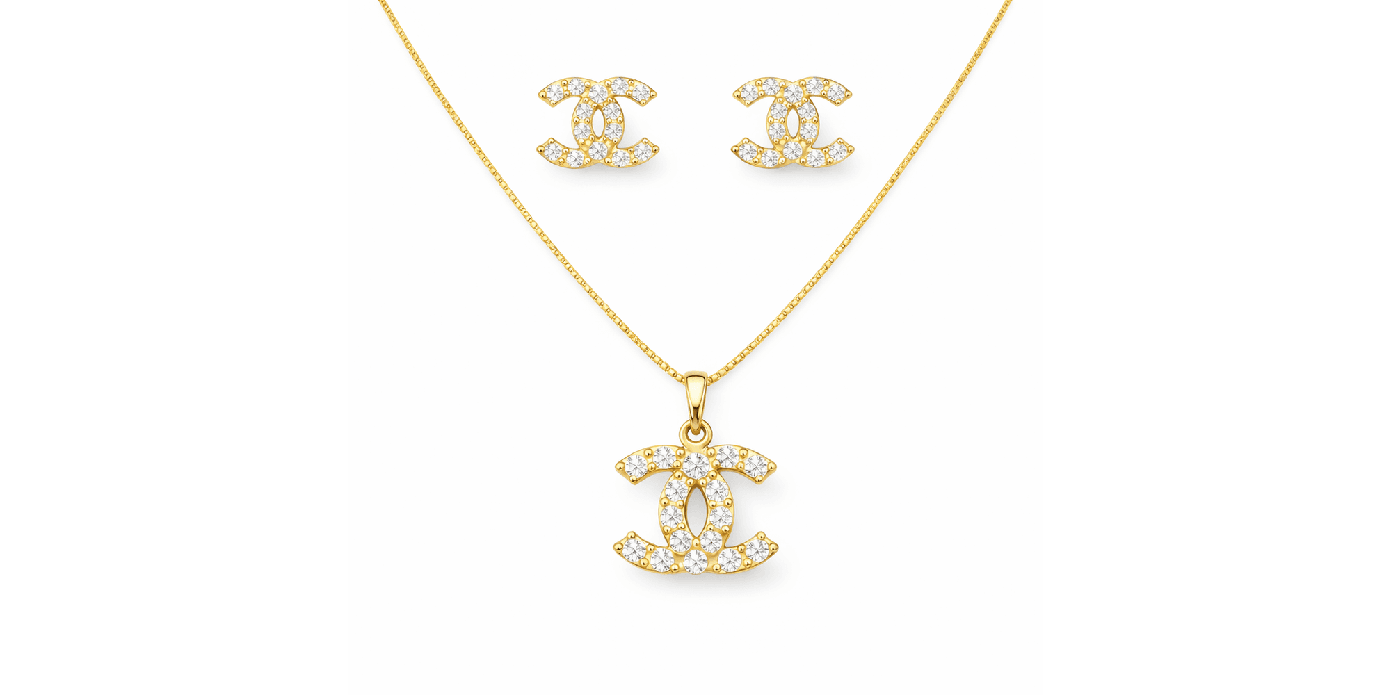 Conjunto Chanel Strass Veneziana Banhado a Ouro 18K