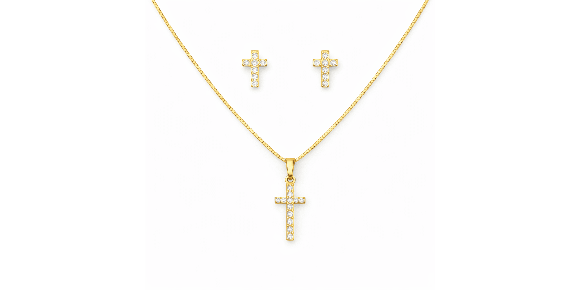 Conjunto Cruz Strass Banhado a Ouro 18K