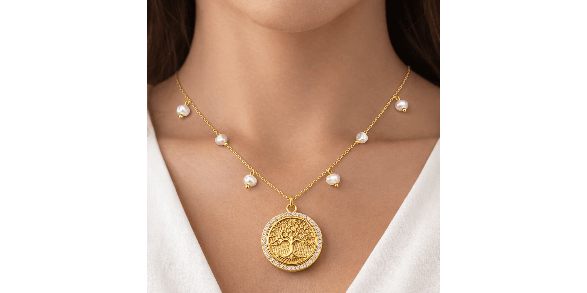 Colar Árvore Espírito Santo Pérola Cravejado Hipoalergênico Banhado a Ouro 18K