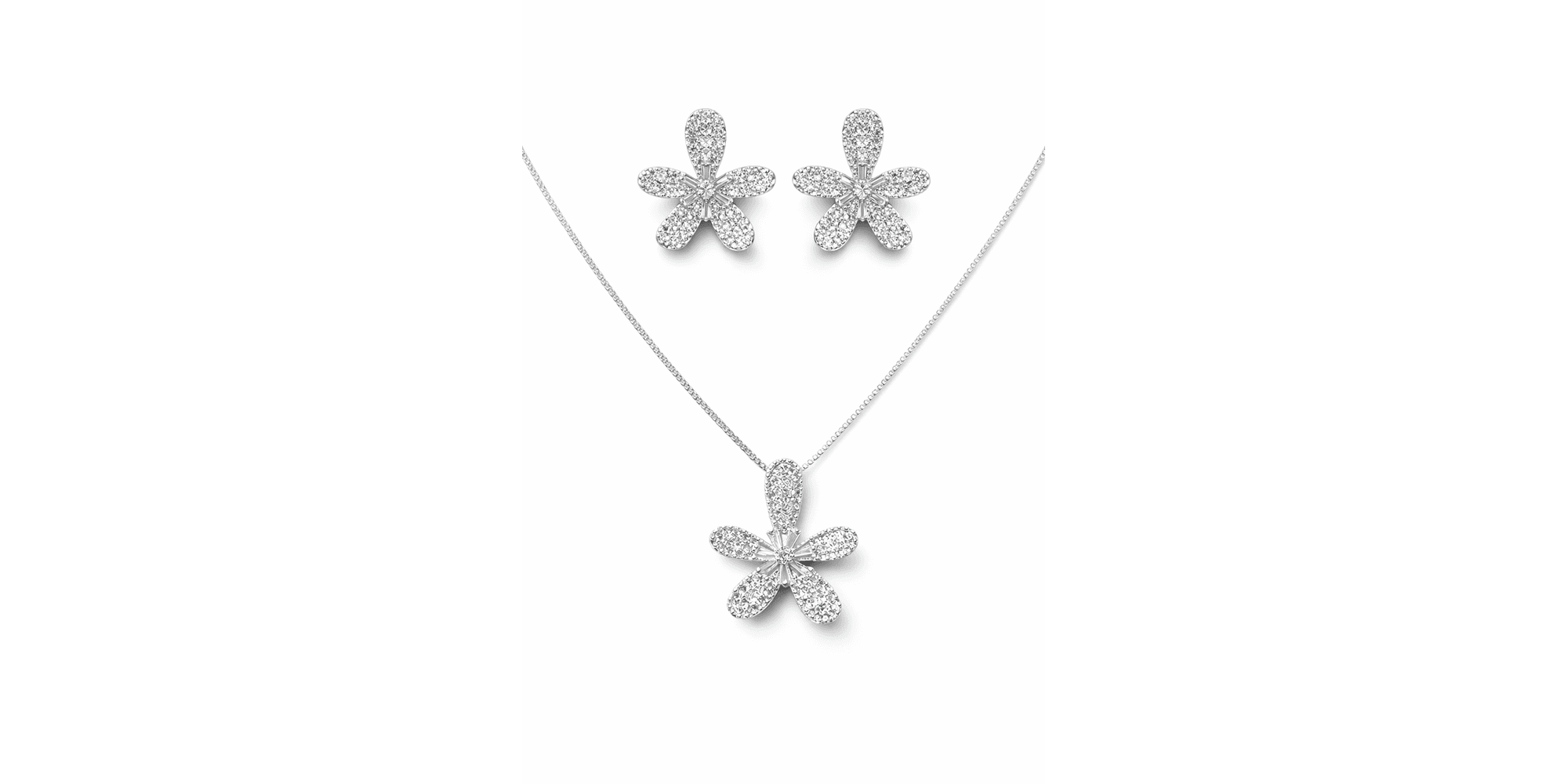 Conjunto Flor Cinco Pétalas Cravejado Banhado a Prata 925